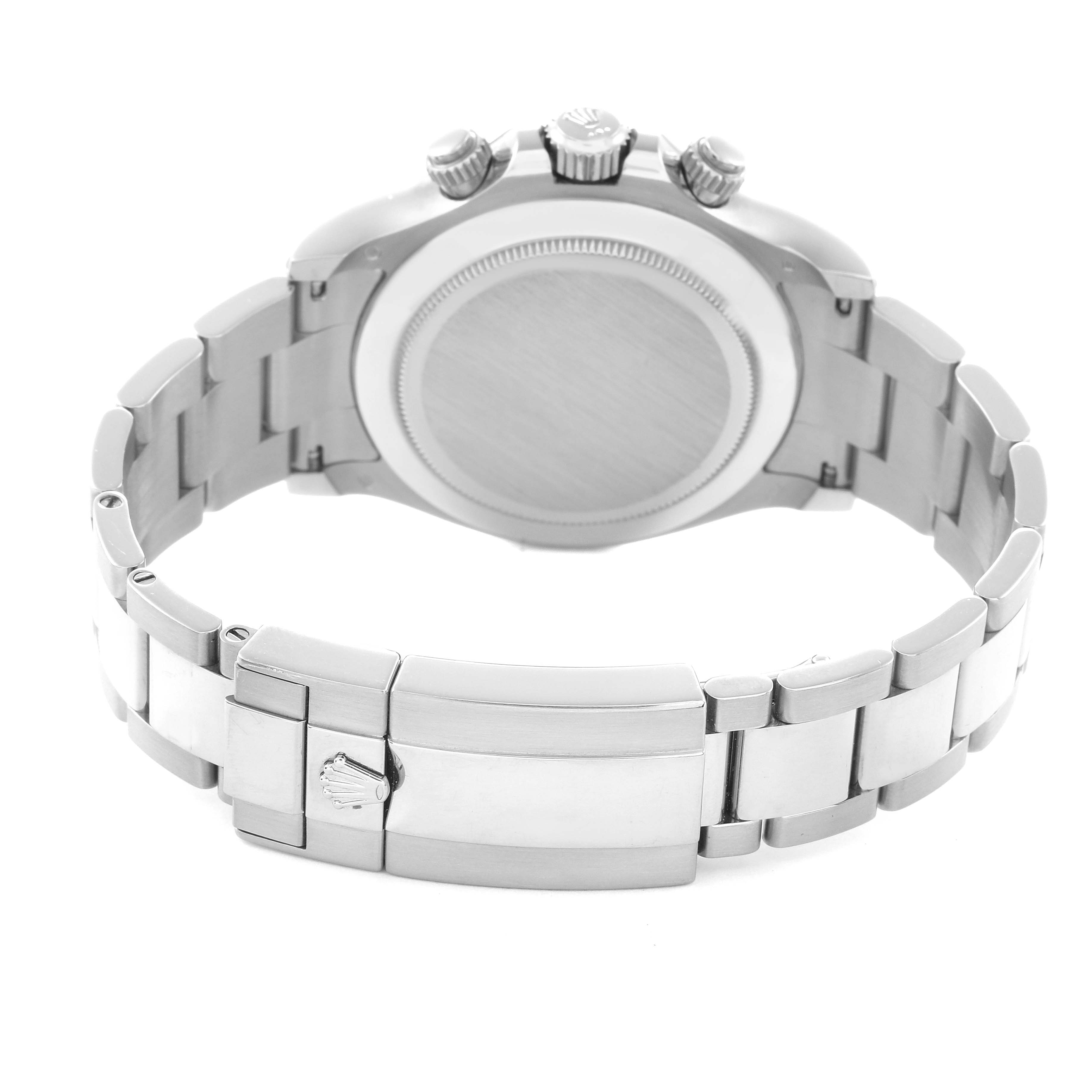 The image shows the back view of a Rolex Daytona 116509 Men
s White Gold Blue Dial 116509 Men
s White Gold Blue Dial, highlighting the bracelet, clasp, case back, and crown.