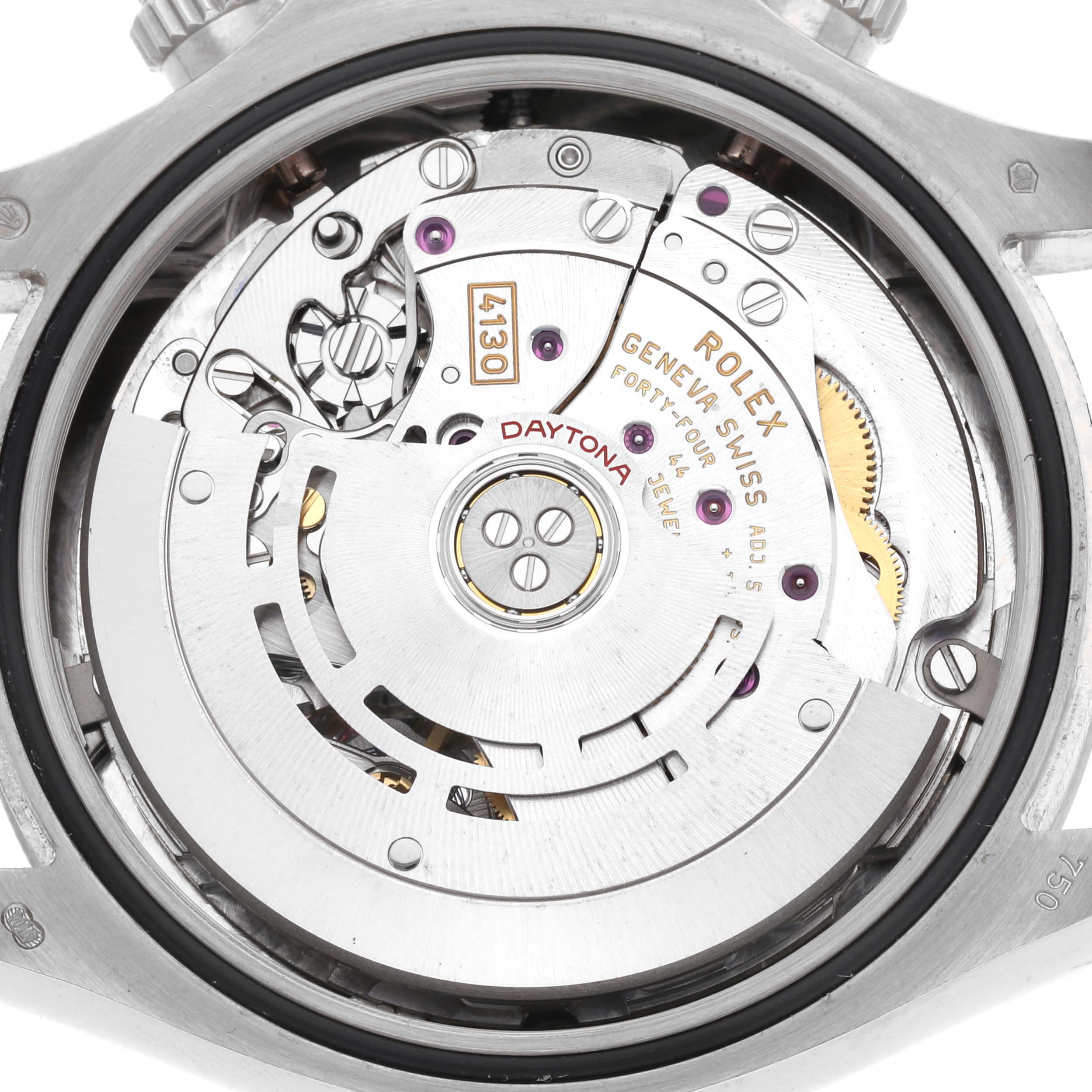 The image shows the movement of a Rolex Daytona 116509 Men
s White Gold Blue Dial 116509 Men
s White Gold Blue Dial watch from a back perspective, highlighting its intricate mechanical parts.