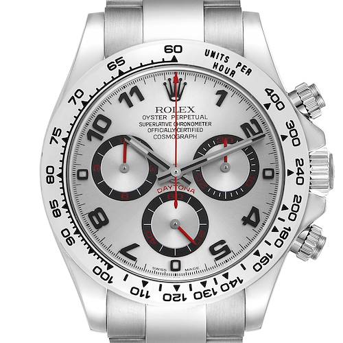 The image shows a frontal view of the Rolex Daytona watch, highlighting the bezel, dial, and chronograph pushers.