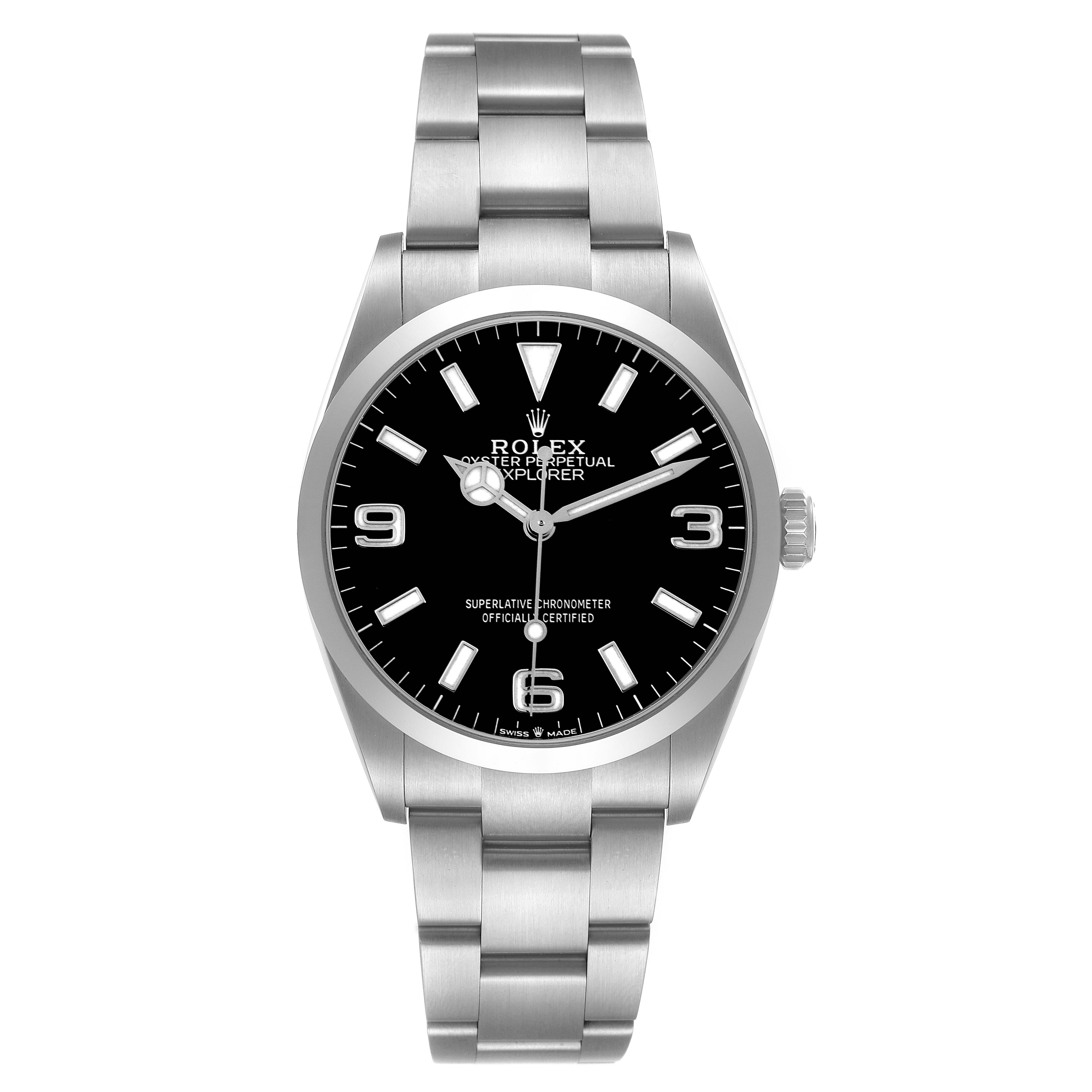 The Rolex Explorer 124270 Men
s Stainless Steel Black Dial 124270 Men
s Stainless Steel Black Dial watch is shown from a front angle, displaying the dial, case, and full stainless steel bracelet.