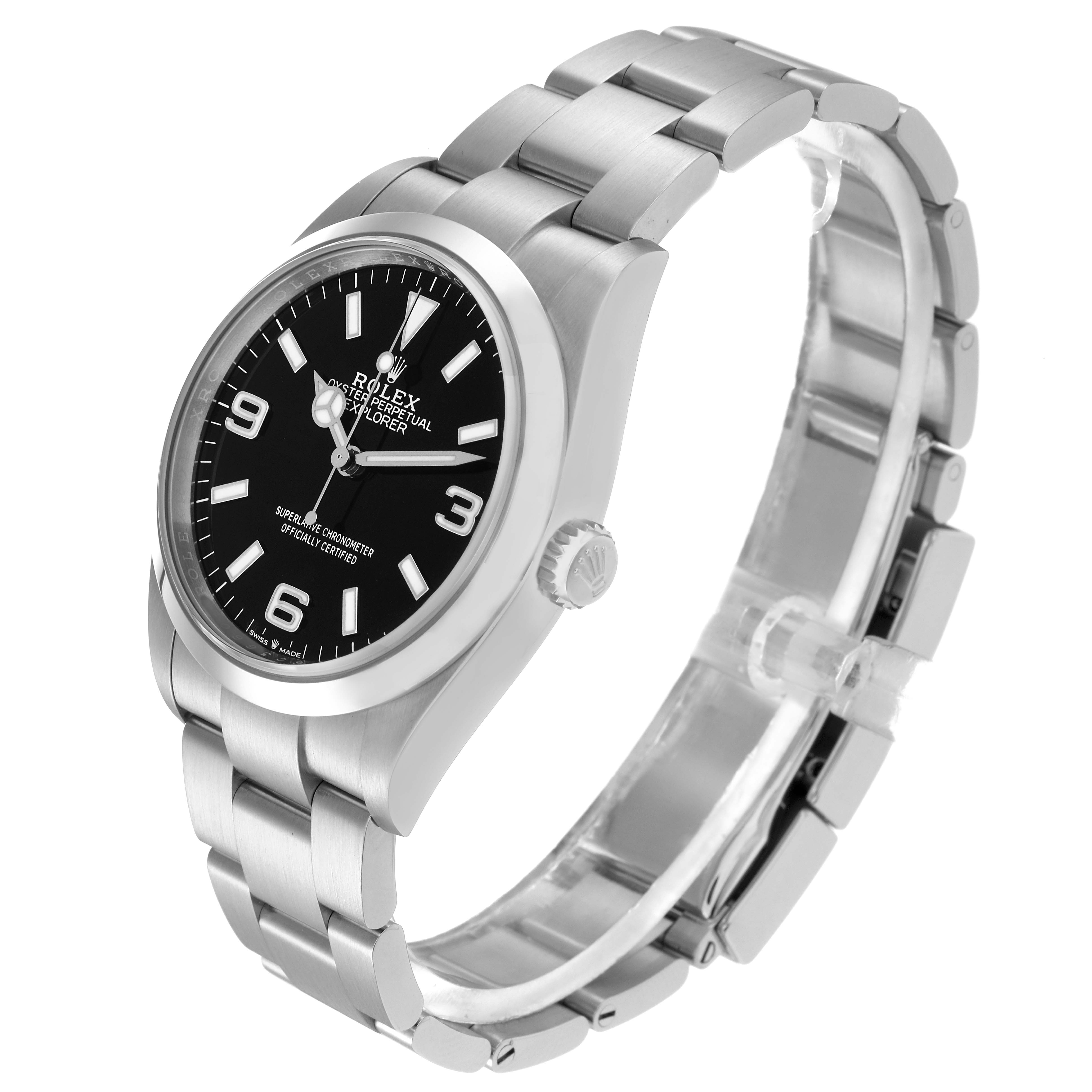 The Rolex Explorer 124270 Men
s Stainless Steel Black Dial 124270 Men
s Stainless Steel Black Dial watch is shown at a three-quarter angle, displaying its face, bezel, case, and bracelet links.