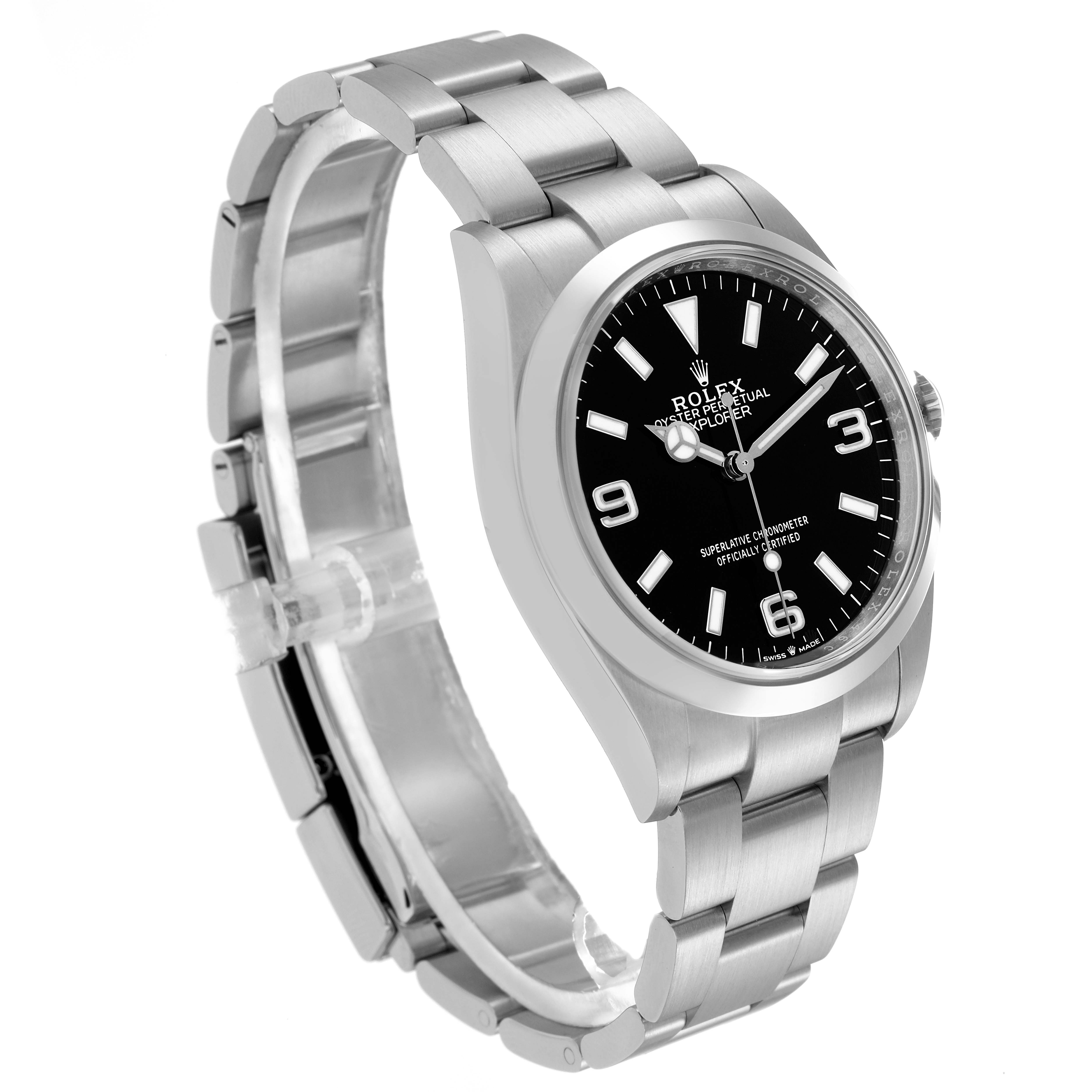 The Rolex Explorer 124270 Men
s Stainless Steel Black Dial 124270 Men
s Stainless Steel Black Dial watch is shown at a slight angle, highlighting the face, bezel, case, and full bracelet.