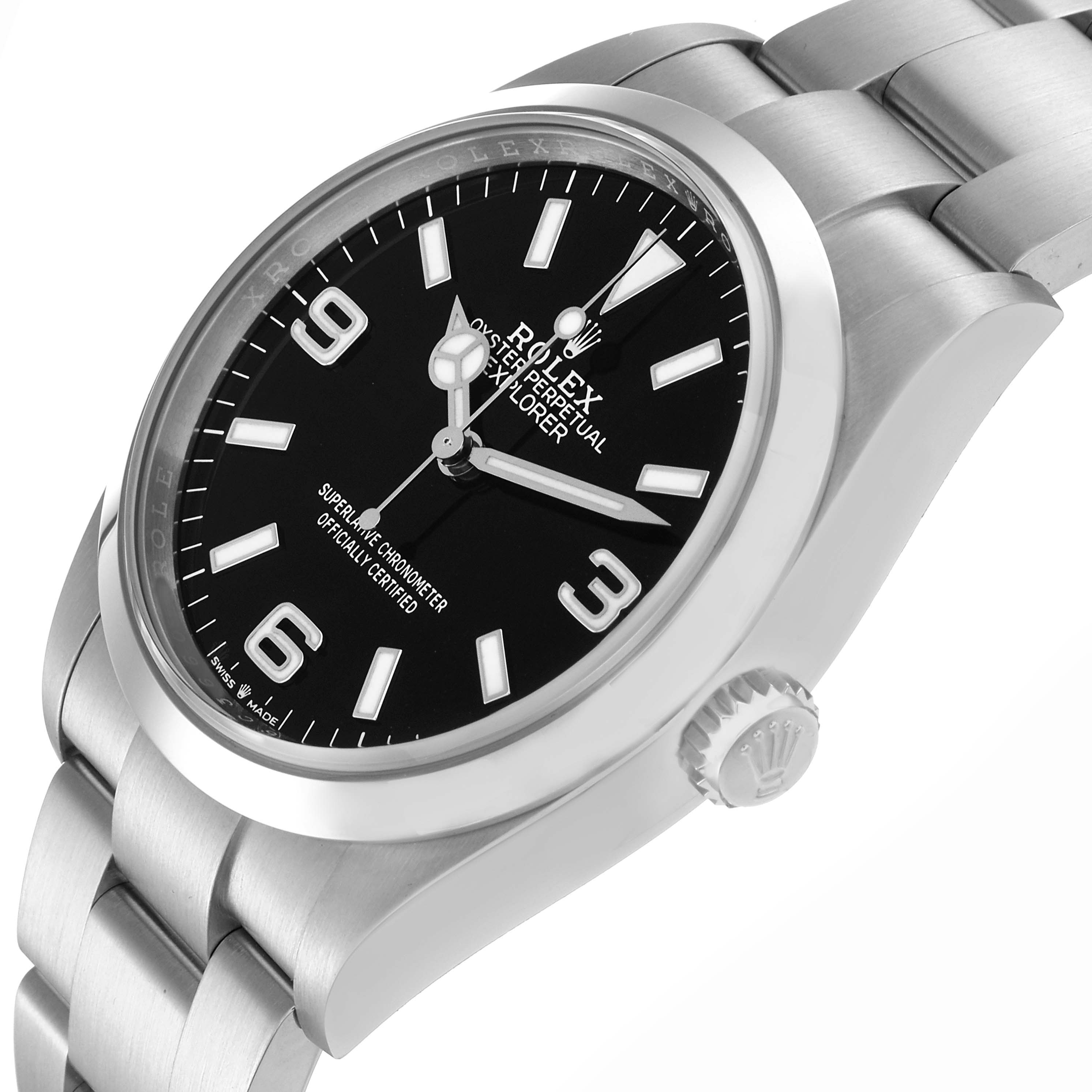The Rolex Explorer 124270 Men
s Stainless Steel Black Dial 124270 Men
s Stainless Steel Black Dial watch is shown from a side angle, highlighting the face, crown, and stainless steel bracelet.