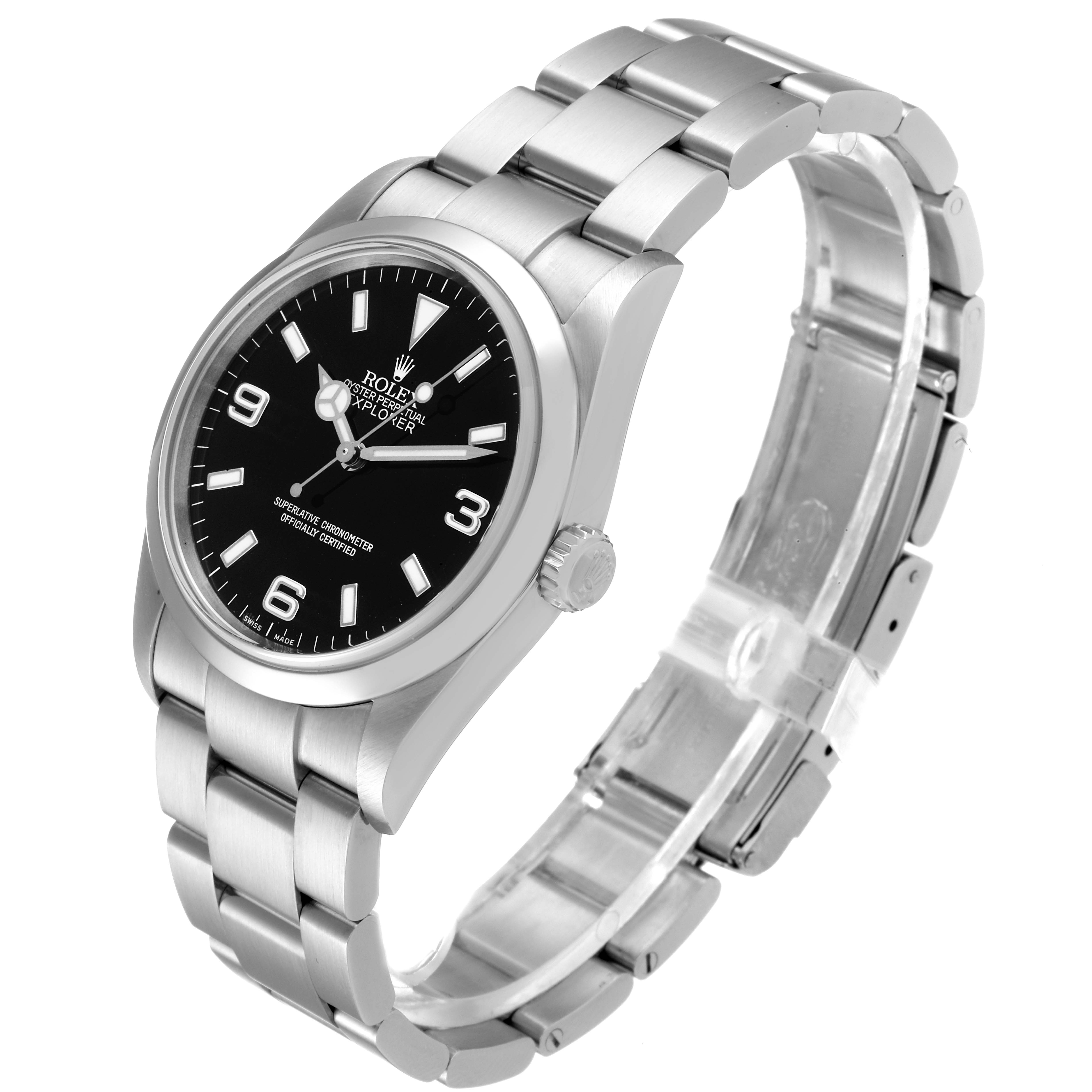 The image shows a Rolex Explorer 114270 Men's Stainless Steel Black Dial 114270 Men's Stainless Steel Black Dial watch at a 3/4 angle, displaying the dial, crown, and bracelet.