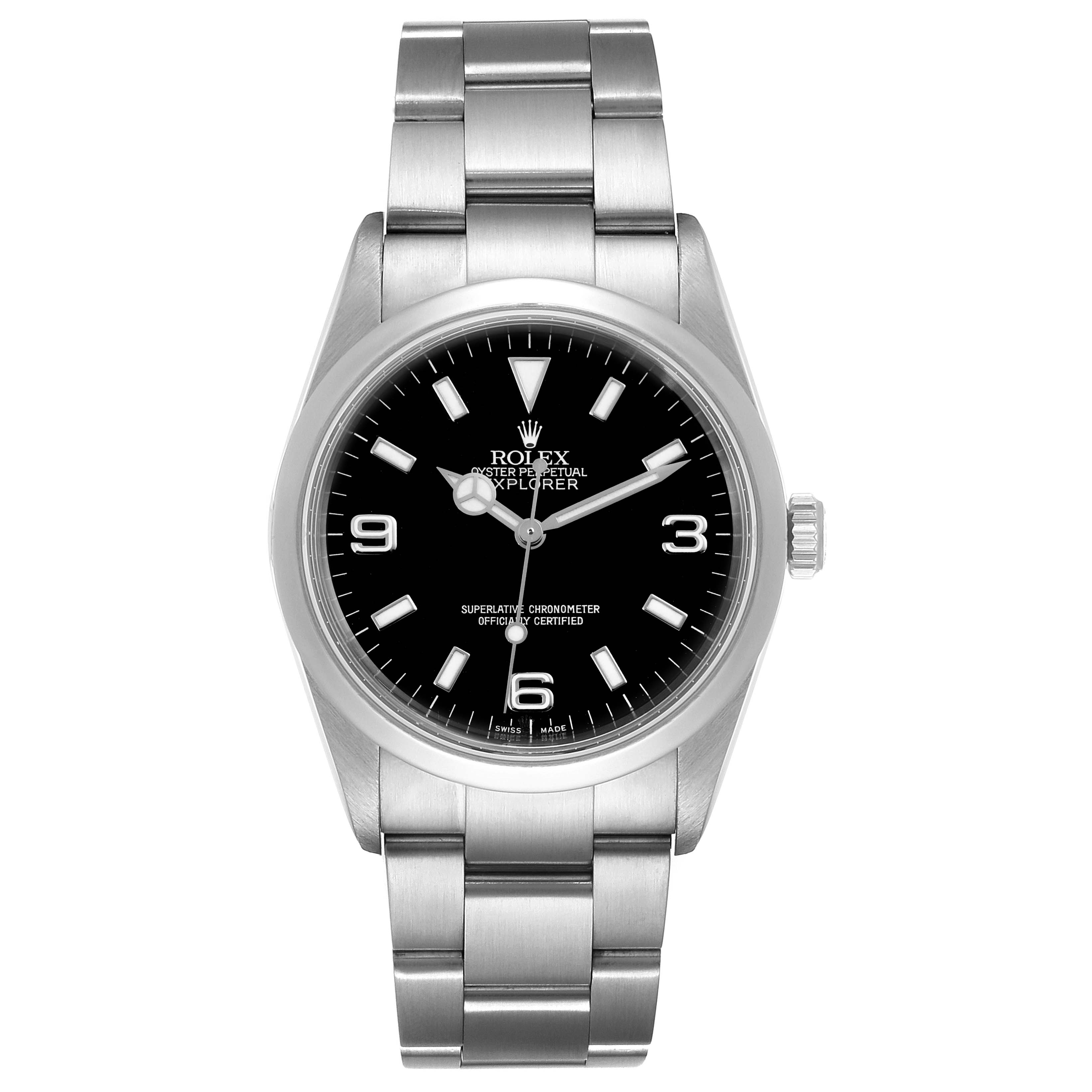The Rolex Explorer 114270 Men's Stainless Steel Black Dial 114270 Men's Stainless Steel Black Dial watch is shown from a front-facing angle, displaying the entire face and band.
