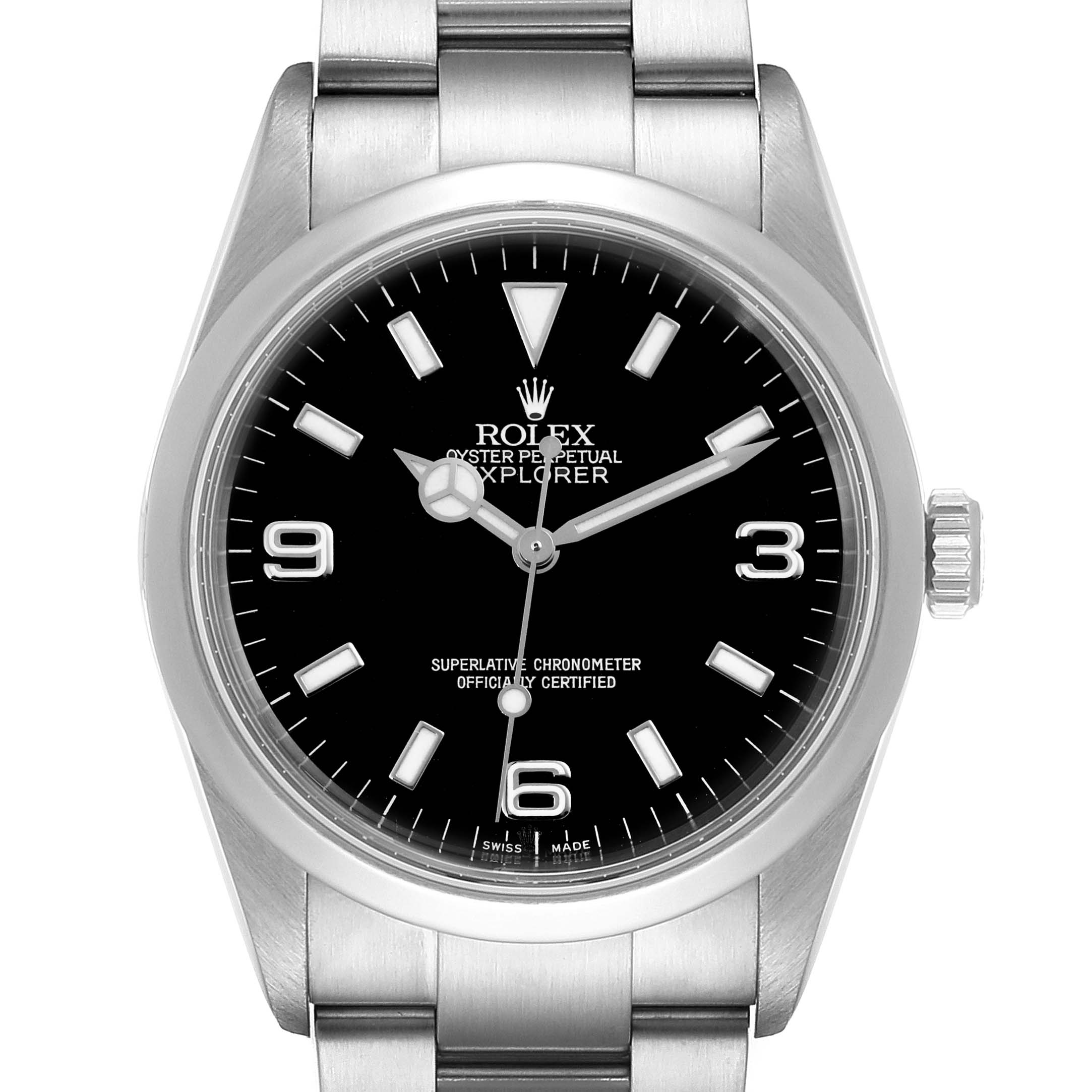 This is a front view of a Rolex Explorer 114270 Men's Stainless Steel Black Dial 114270 Men's Stainless Steel Black Dial watch, showing the face, bezel, crown, and part of the bracelet.
