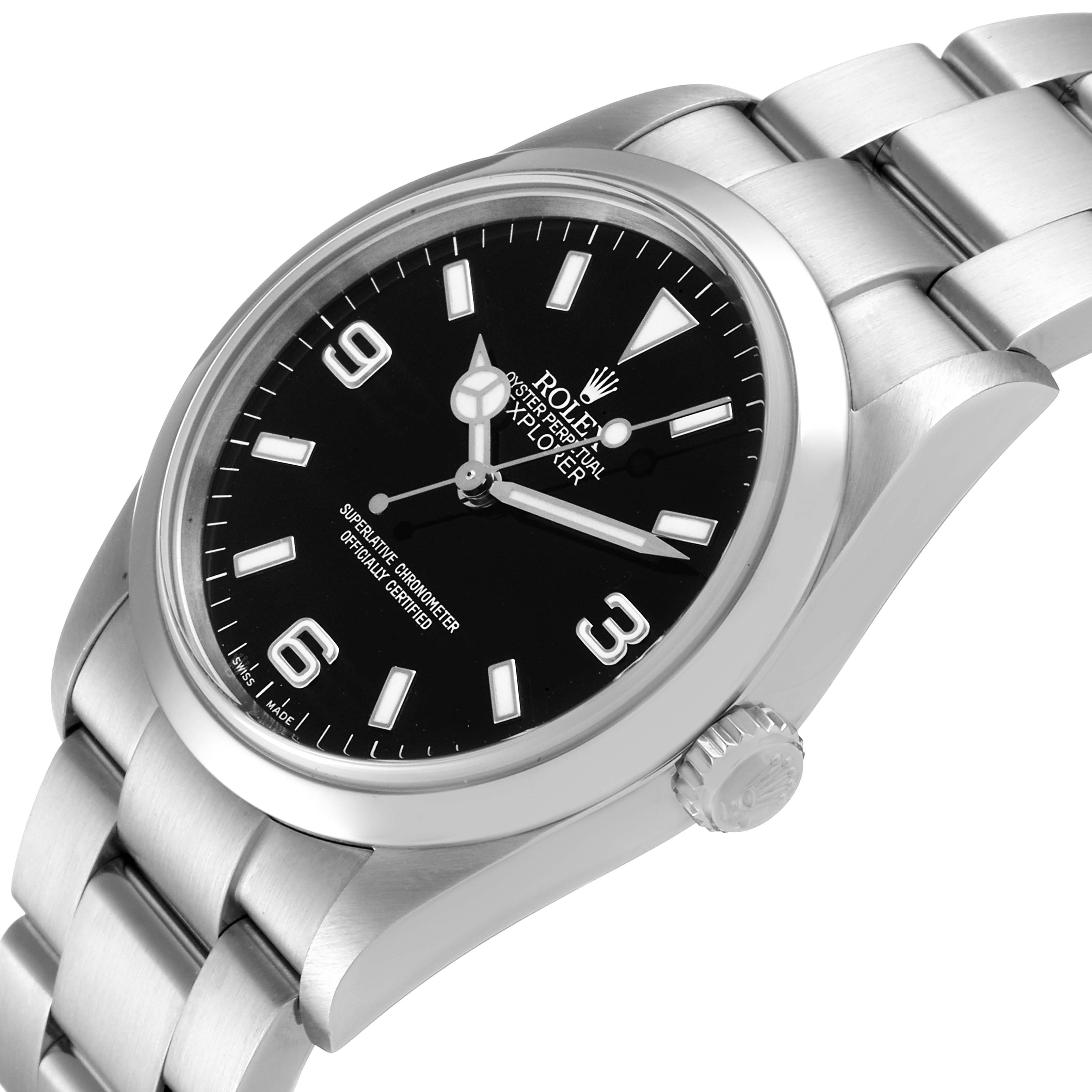 The image shows a Rolex Explorer 114270 Men's Stainless Steel Black Dial 114270 Men's Stainless Steel Black Dial watch from an oblique angle, highlighting the dial, bezel, crown, and part of the bracelet.