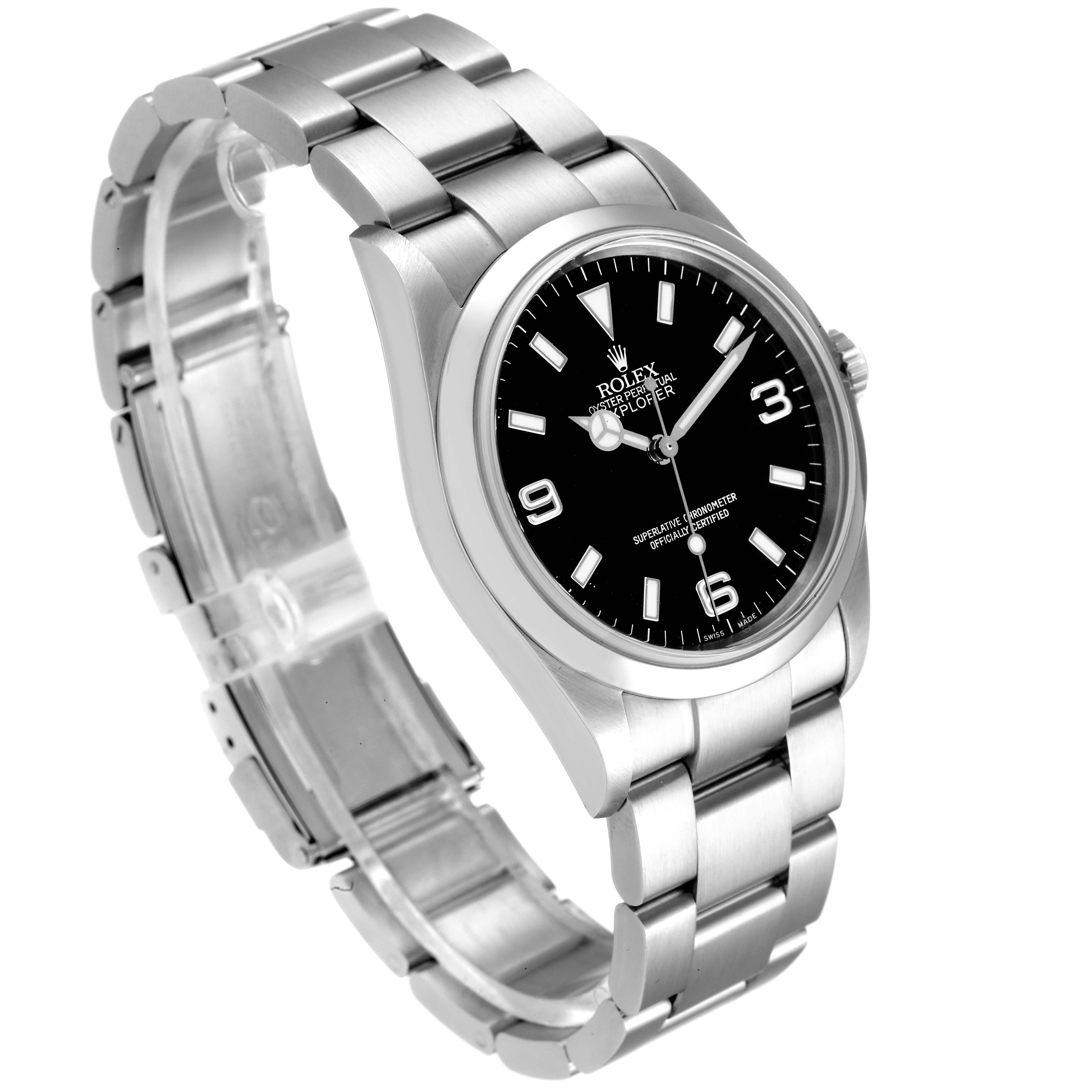 The image shows a Rolex Explorer 114270 Men's Stainless Steel Black Dial 114270 Men's Stainless Steel Black Dial watch at a slight angle, highlighting the bracelet, black dial, and case.