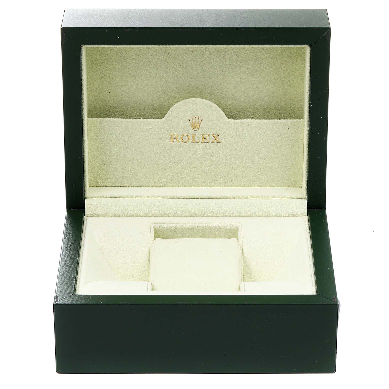 The image shows an empty green and cream-colored Rolex box for the Explorer model, with the Rolex logo inside.