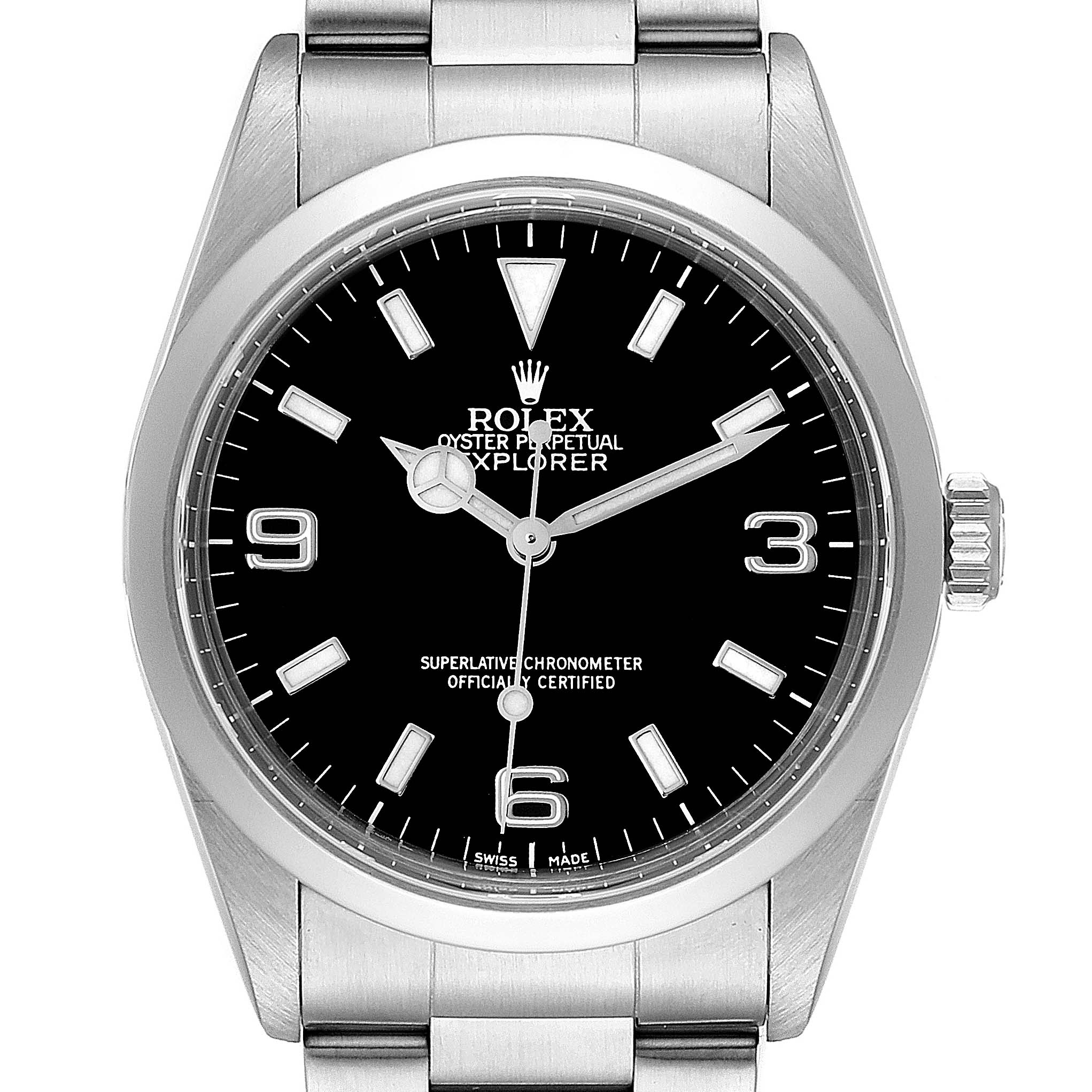 This image shows a front angle of the Rolex Explorer 14270 Men's Stainless Steel Black Dial 14270 Men's Stainless Steel Black Dial watch, displaying its black dial, silver hour markers, and stainless steel bracelet.