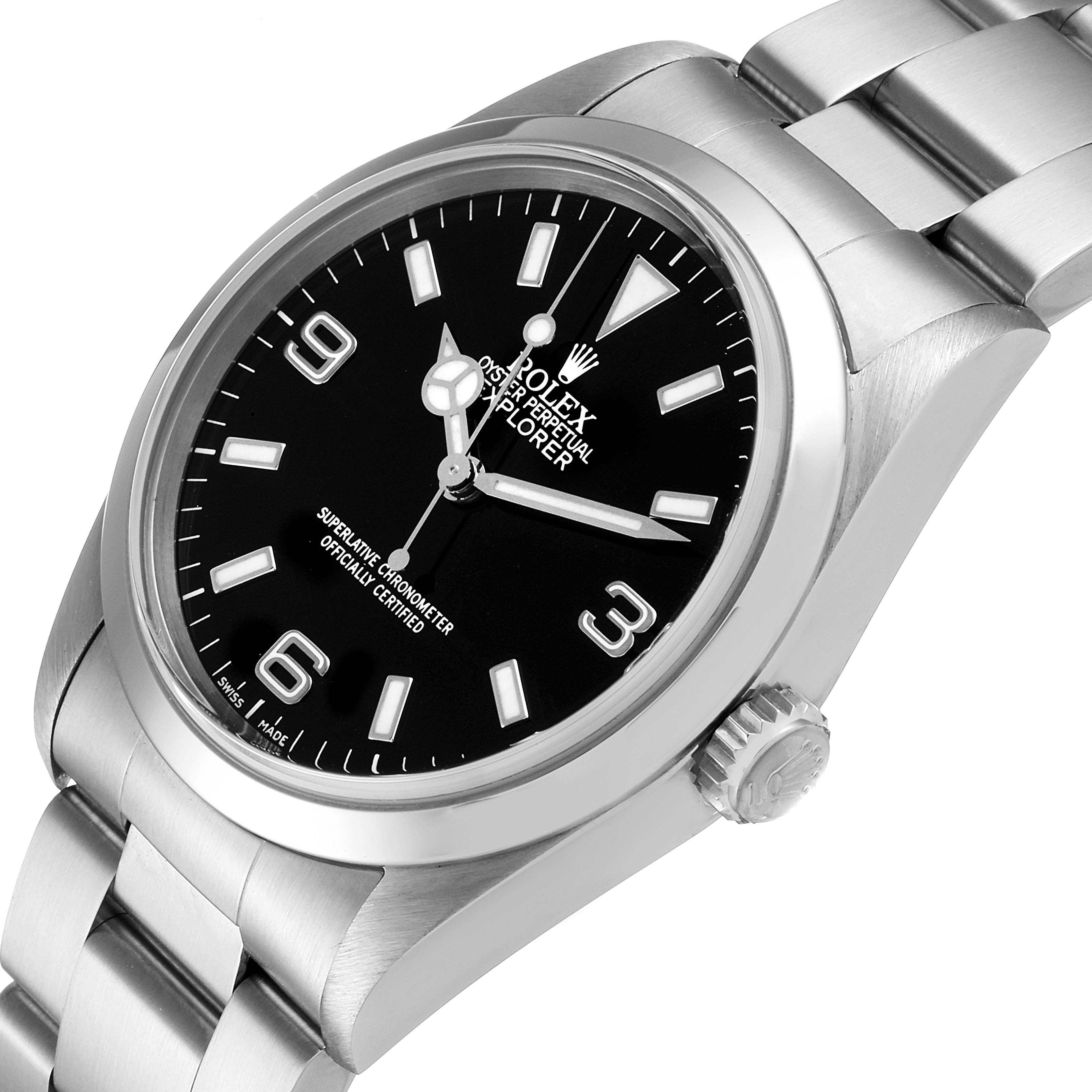 The image shows a Rolex Explorer 14270 Men's Stainless Steel Black Dial 14270 Men's Stainless Steel Black Dial watch angled slightly from above, highlighting its black dial, crown, and stainless steel bracelet.