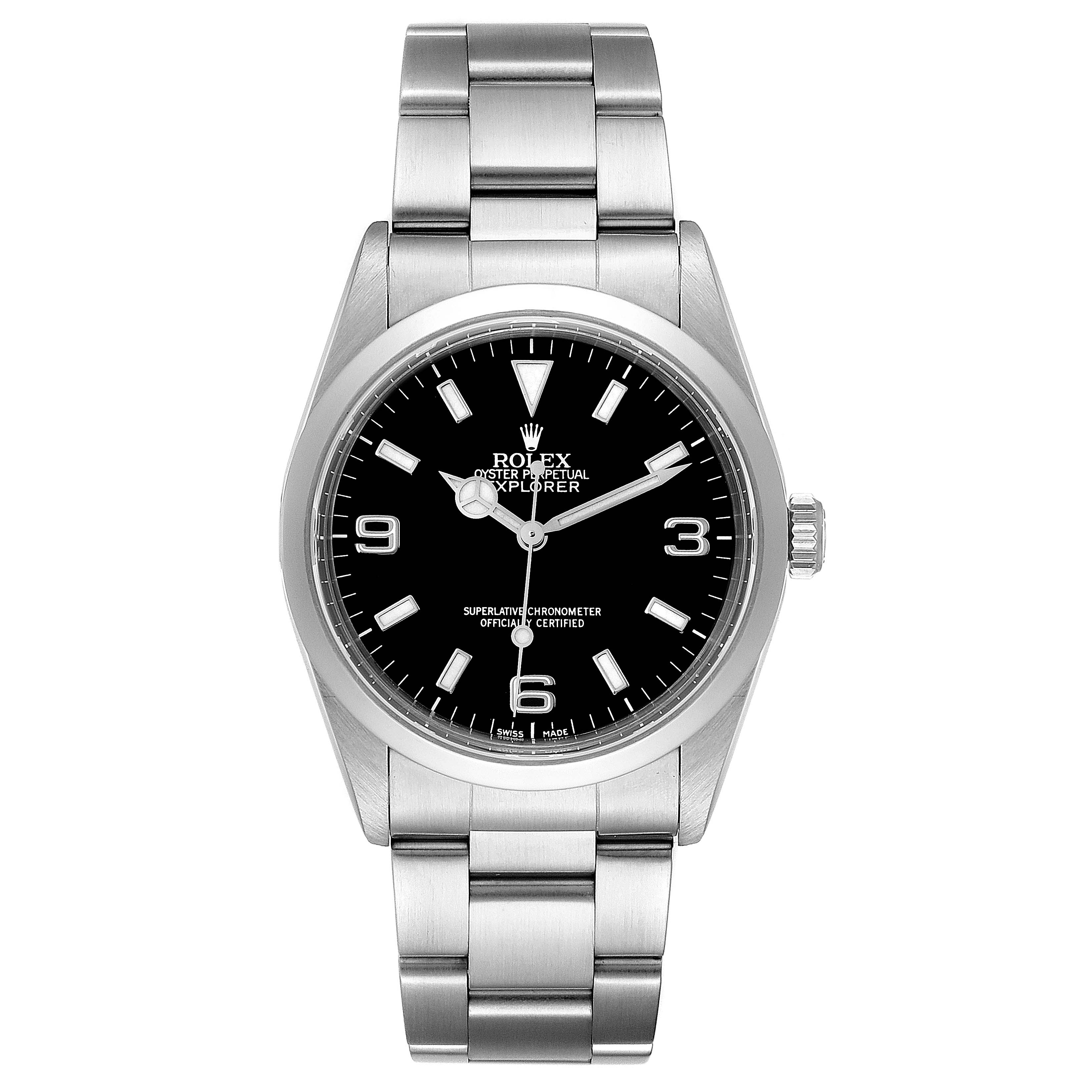 The Rolex Explorer 14270 Men's Stainless Steel Black Dial 14270 Men's Stainless Steel Black Dial watch is shown from a front angle, displaying the face, dial, and bracelet.