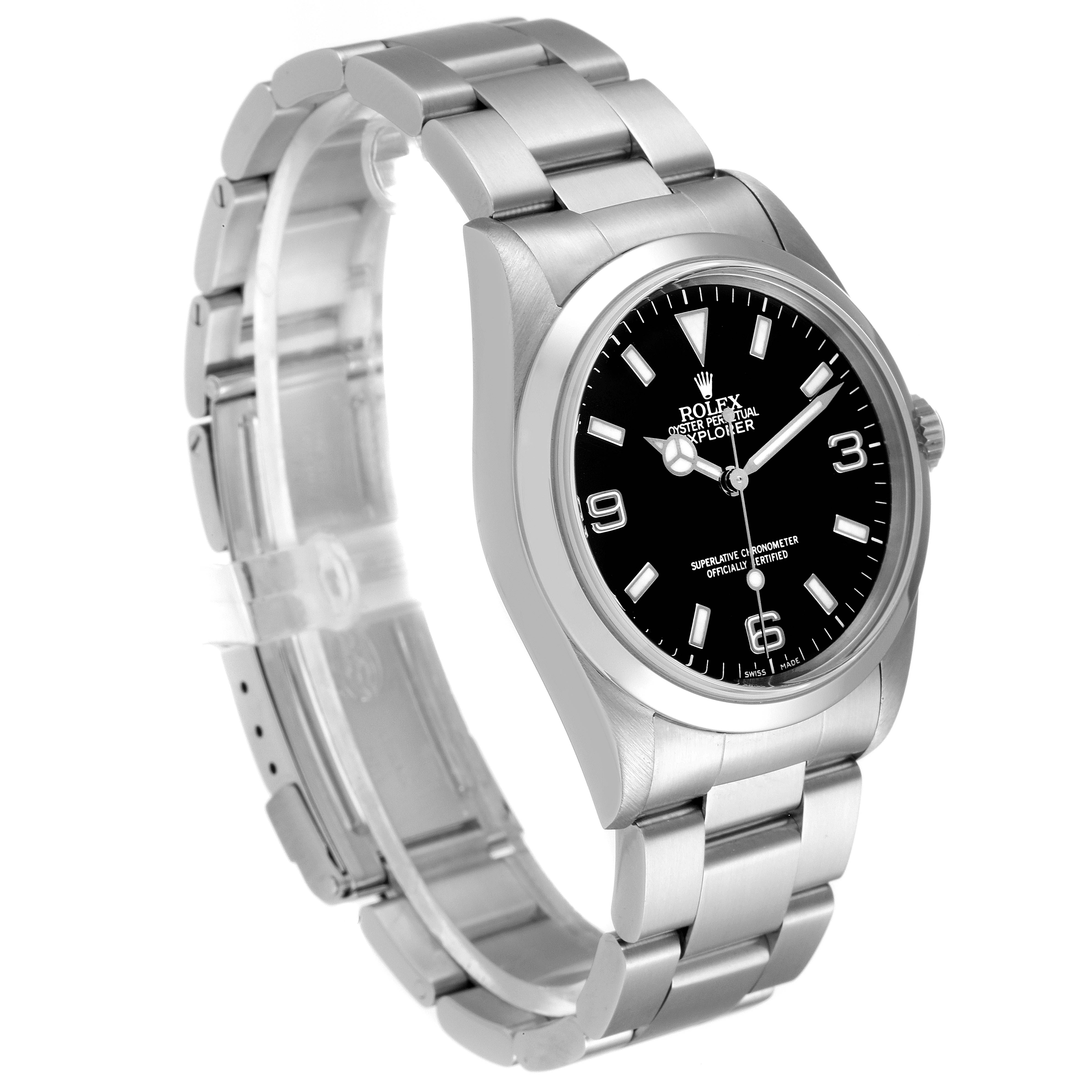 This image shows a side and front view of a Rolex Explorer 14270 Men's Stainless Steel Black Dial 14270 Men's Stainless Steel Black Dial model watch, highlighting its bracelet and black dial.