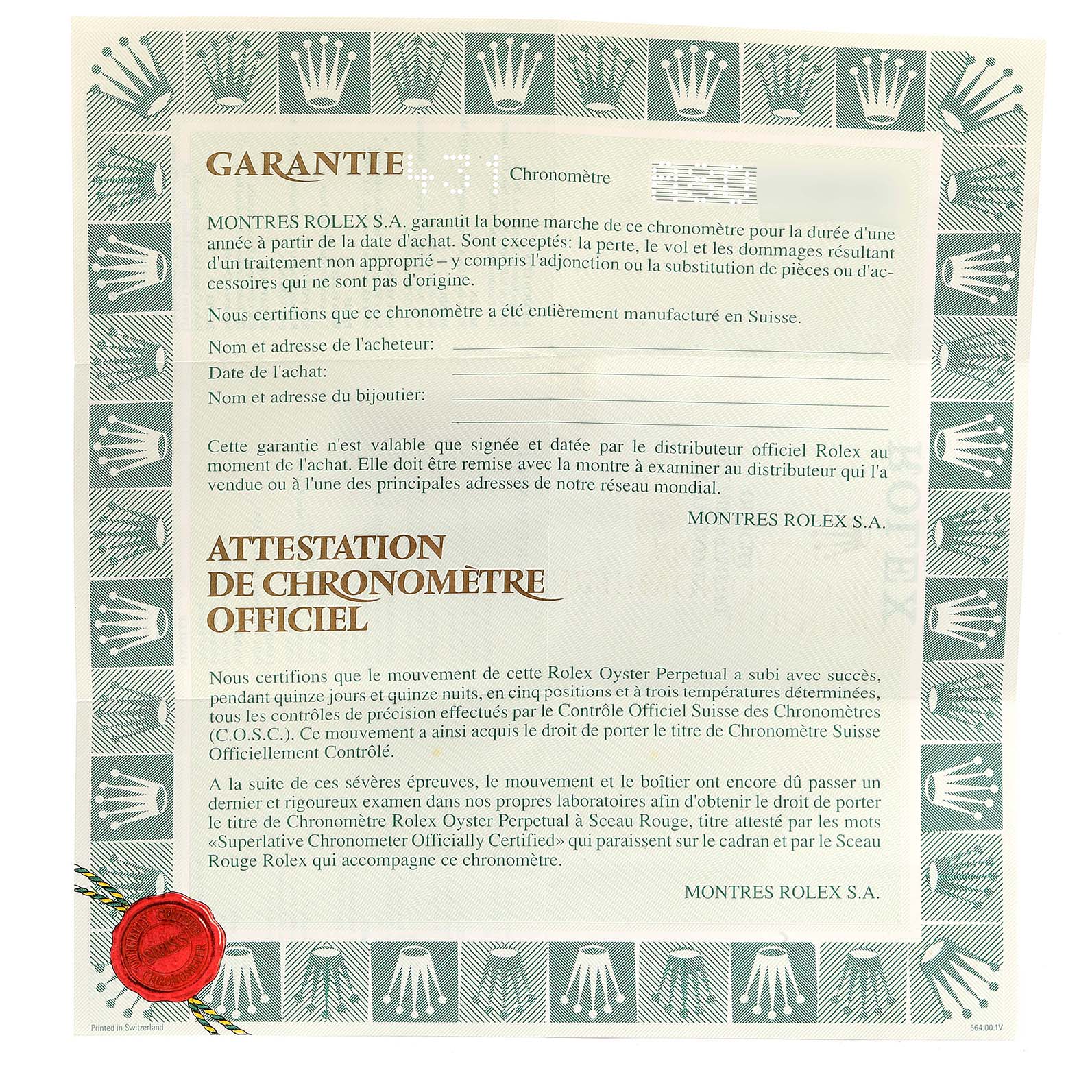 The image shows the official guarantee and chronometer certification document for a Rolex Explorer 14270 Men's Stainless Steel Black Dial 14270 Men's Stainless Steel Black Dial watch.