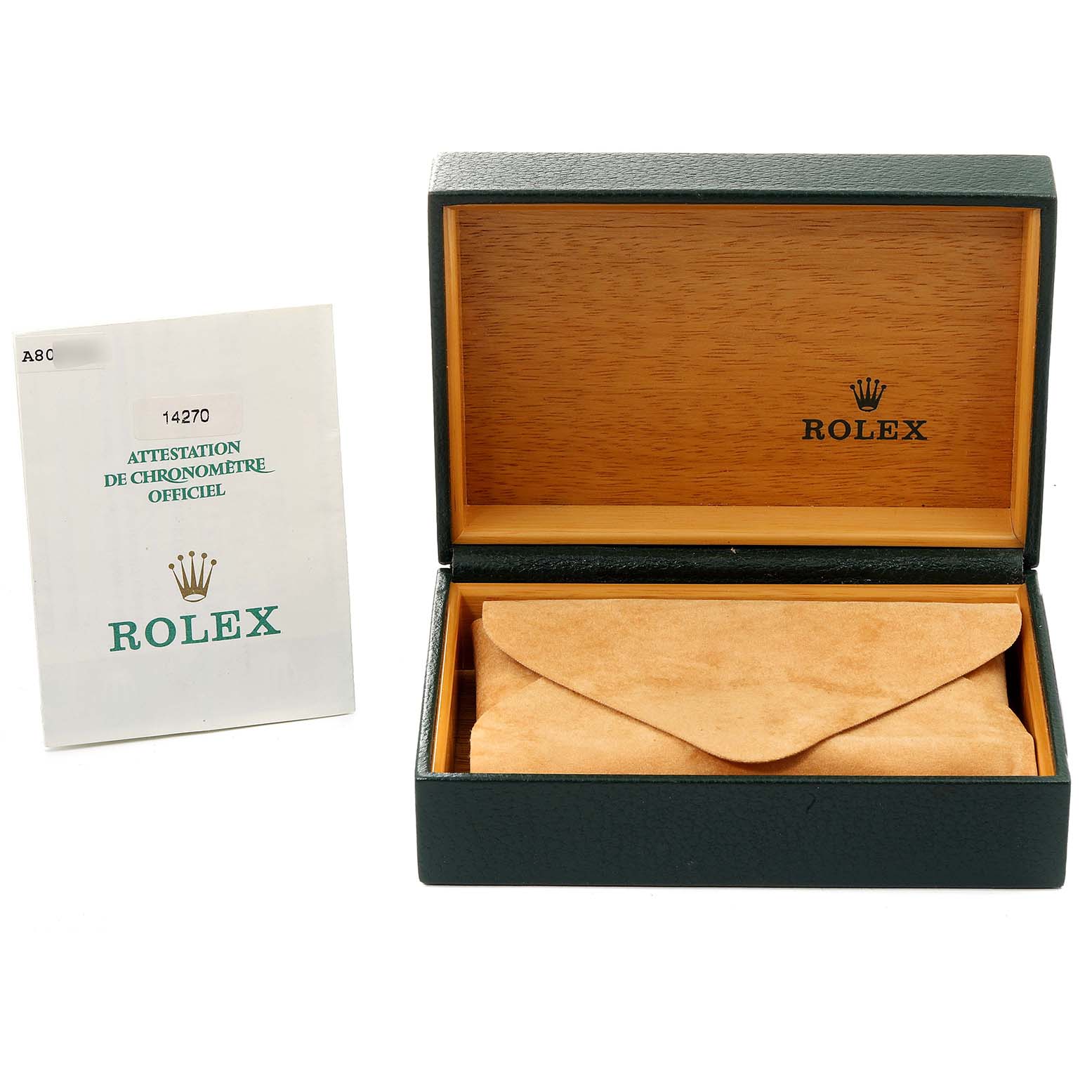 The image shows the Rolex Explorer 14270 Men's Stainless Steel Black Dial 14270 Men's Stainless Steel Black Dial watch box and certificate document from a front angle.