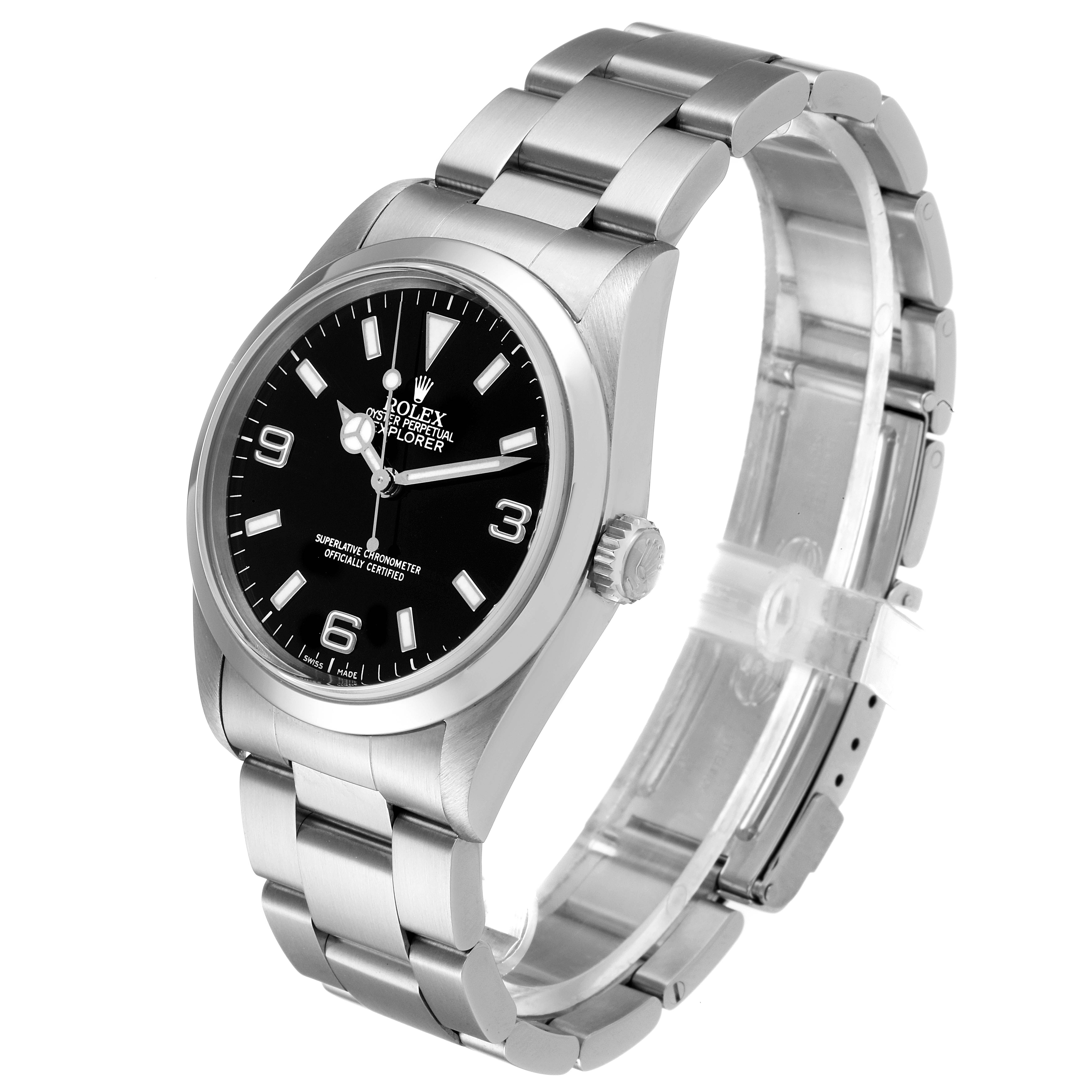 The Rolex Explorer 14270 Men's Stainless Steel Black Dial 14270 Men's Stainless Steel Black Dial watch is shown at a slight angle, displaying the dial, bezel, crown, and bracelet.