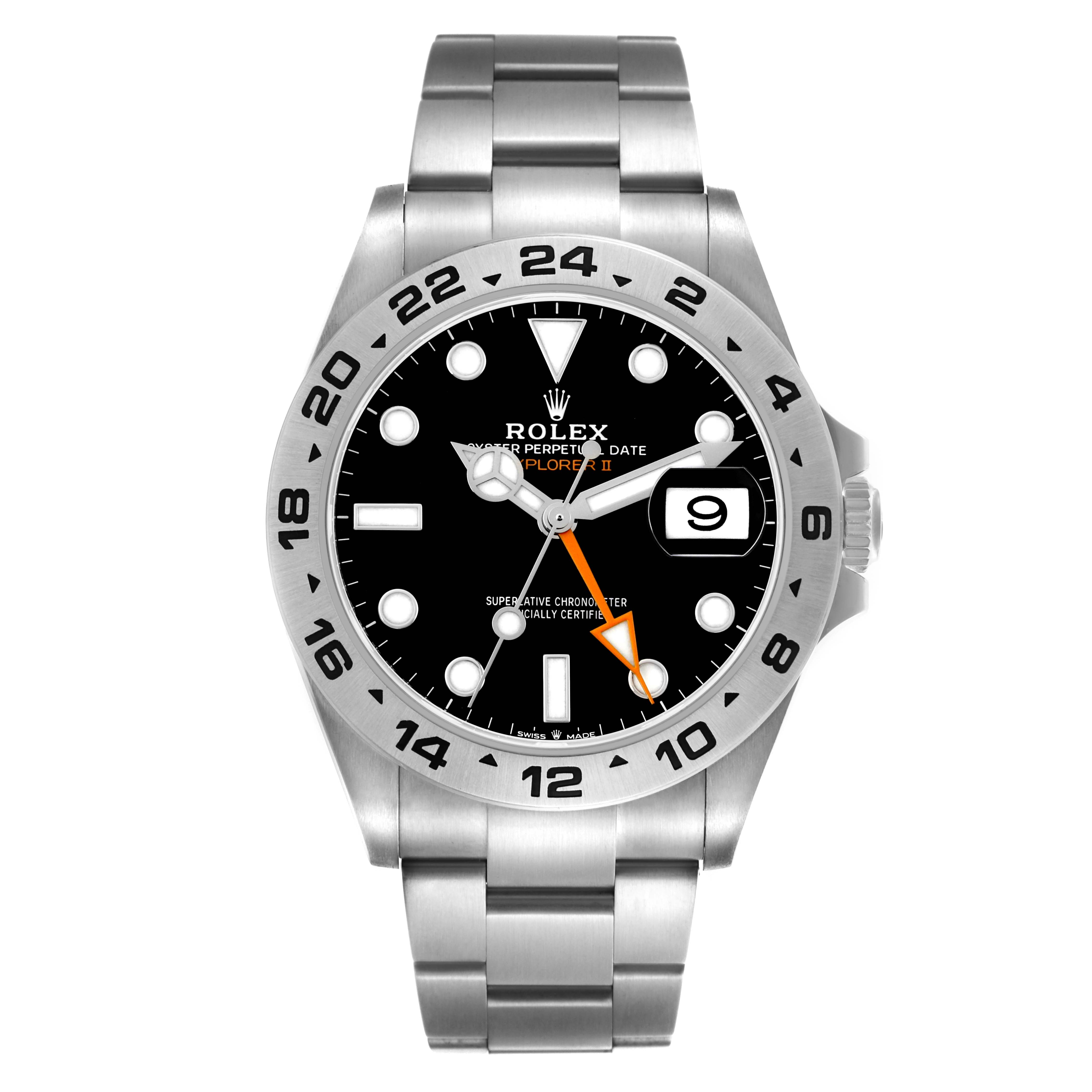 The Rolex Explorer 226570 Men
s Stainless Steel Black Dial 226570 Men
s Stainless Steel Black Dial watch is shown from the front, displaying its face, bezel, and bracelet.