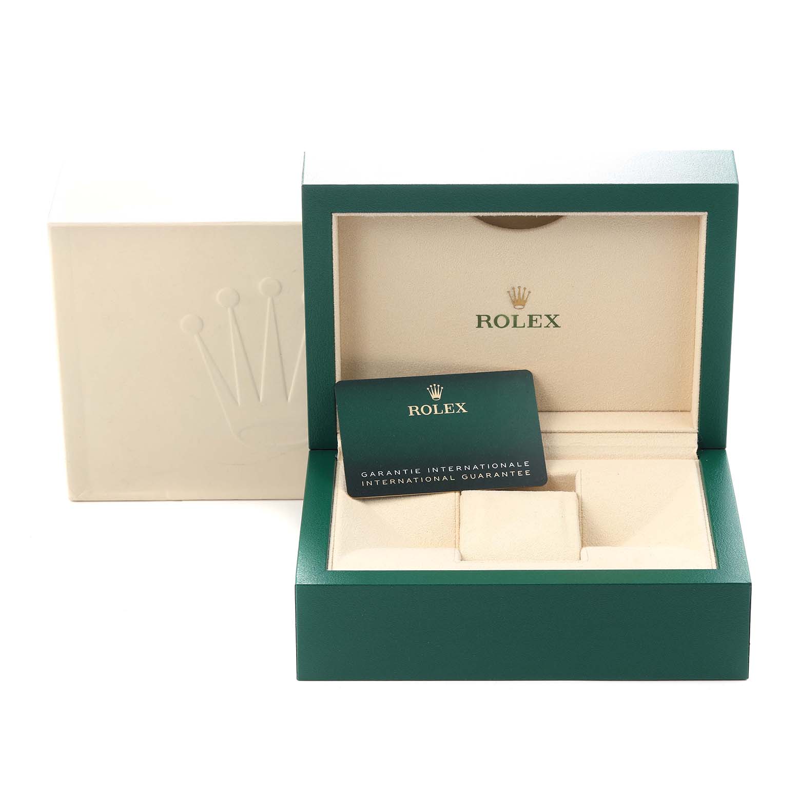 The image shows an open Rolex Explorer 226570 Men
s Stainless Steel Black Dial 226570 Men
s Stainless Steel Black Dial box at an angle, with a guarantee card inside.