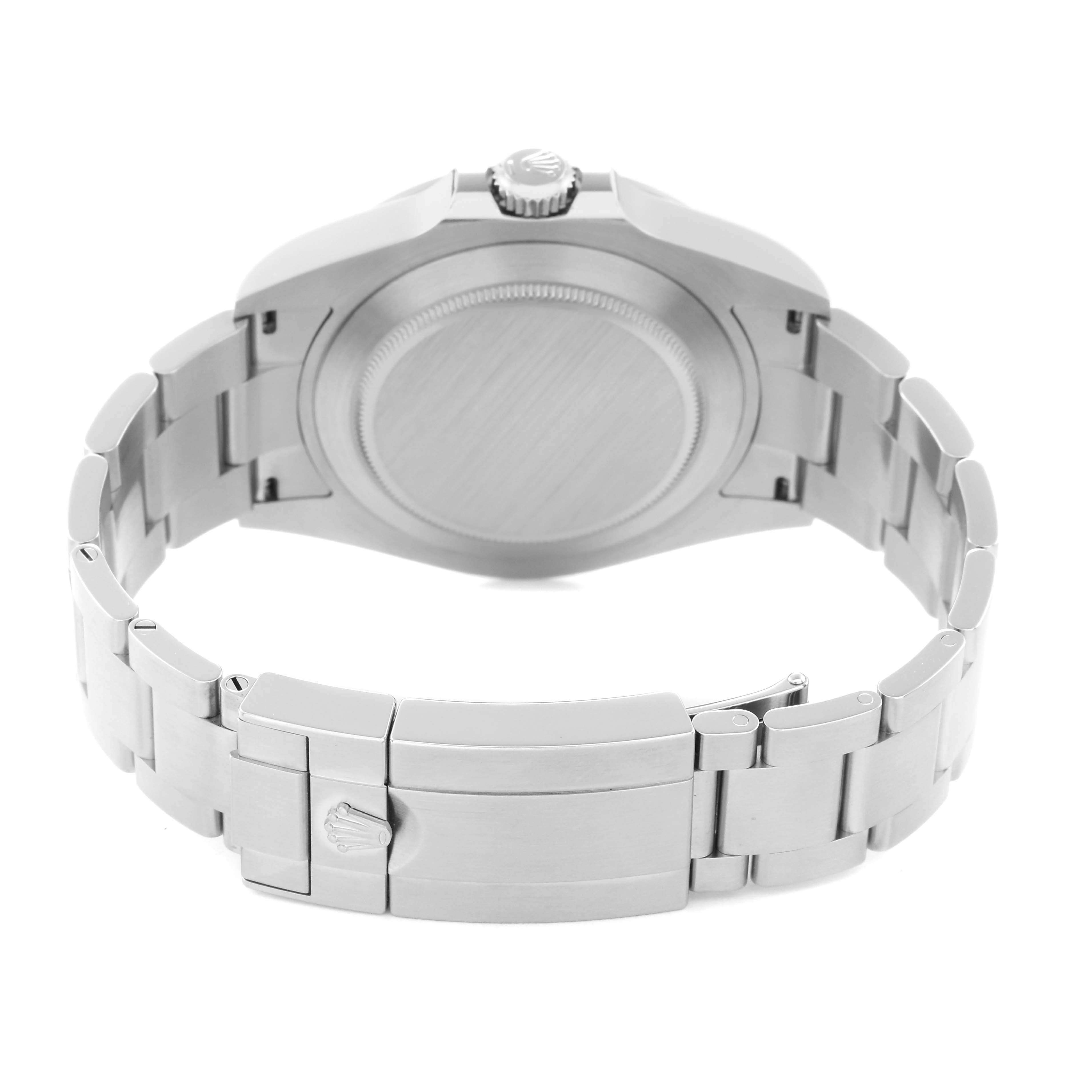 The Rolex Explorer 226570 Men
s Stainless Steel Black Dial 226570 Men
s Stainless Steel Black Dial watch is shown from the back, highlighting the case back, bracelet, and clasp.