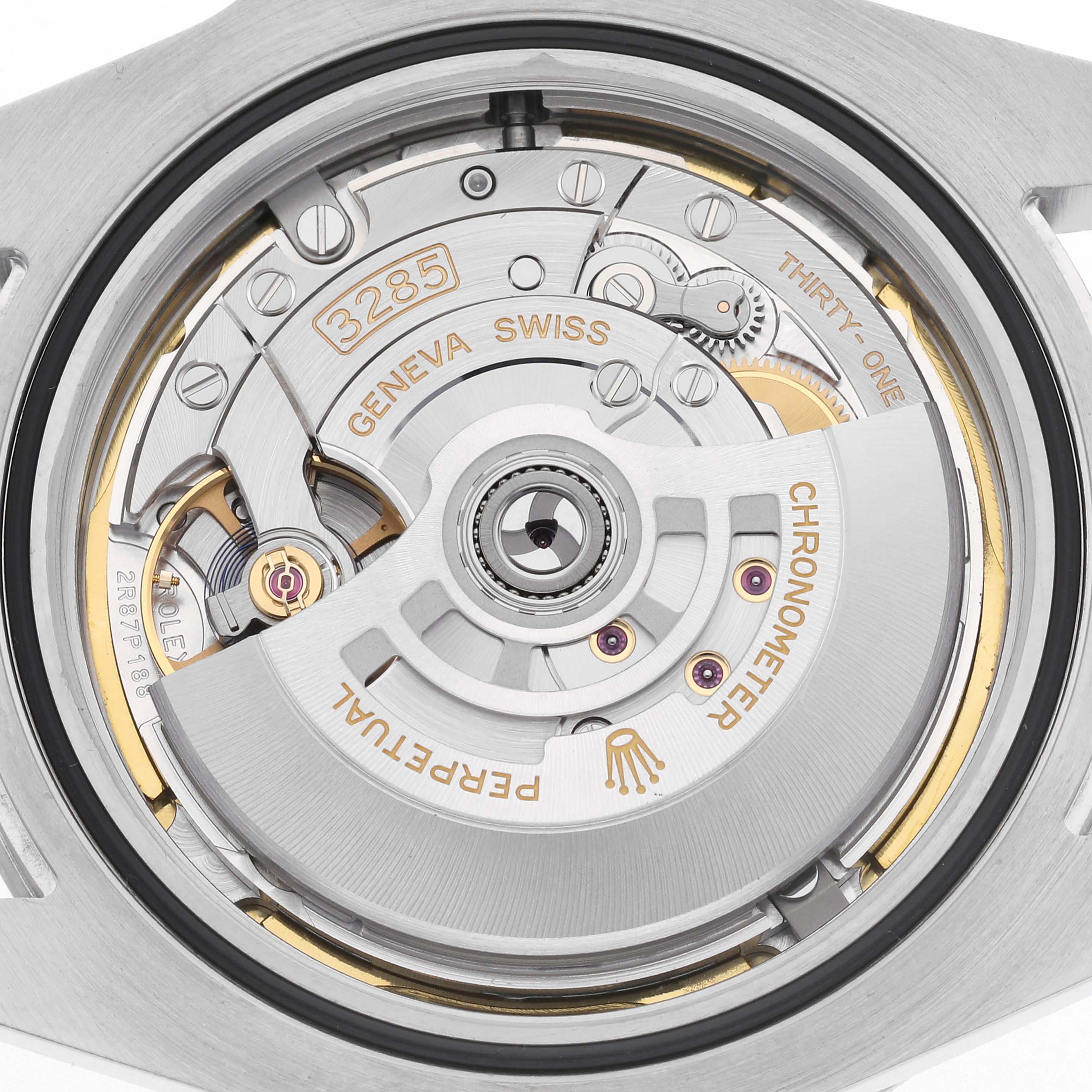 The image shows the movement of a Rolex Explorer 226570 Men
s Stainless Steel Black Dial 226570 Men
s Stainless Steel Black Dial, focusing on the intricate parts and mechanisms inside.