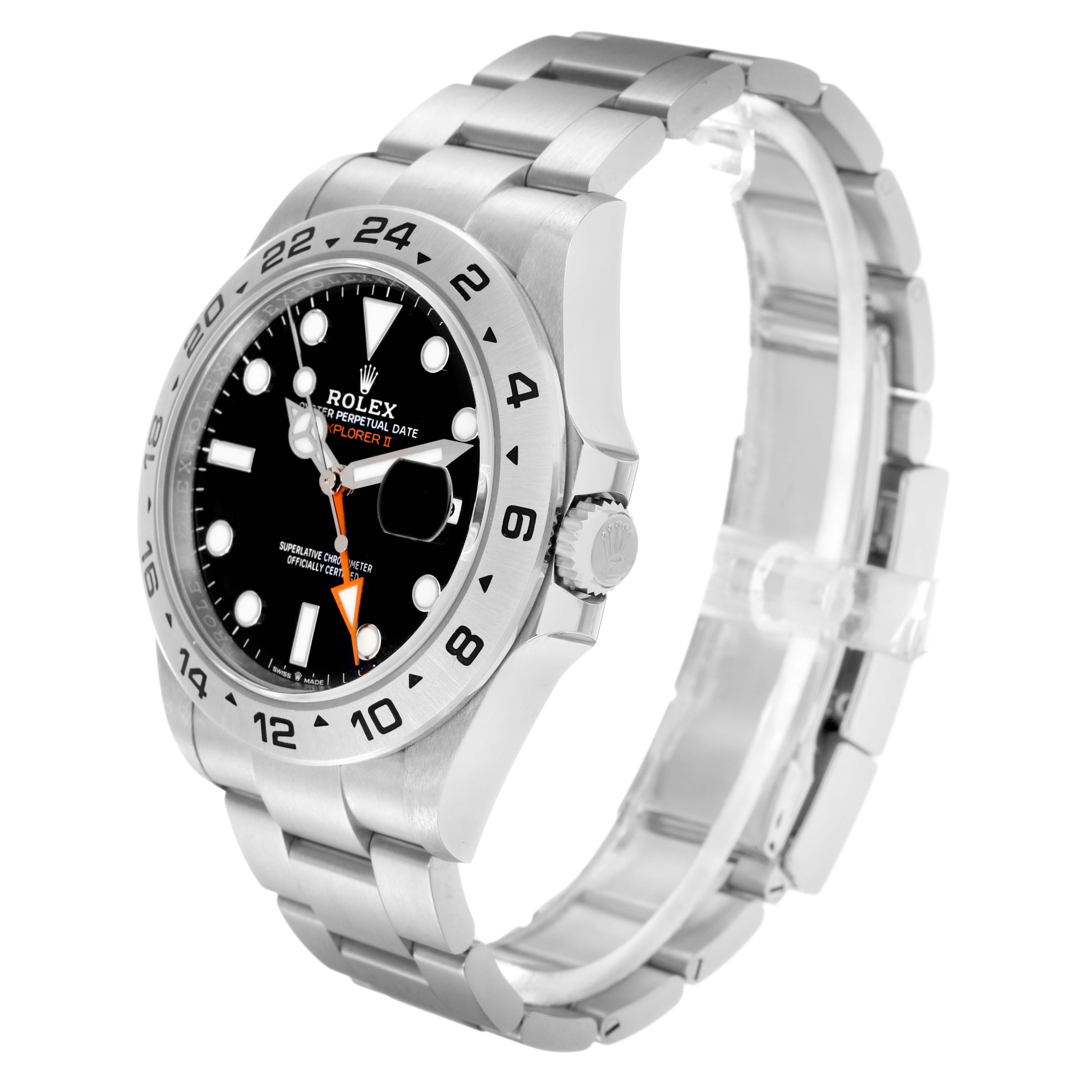 The Rolex Explorer 226570 Men
s Stainless Steel Black Dial 226570 Men
s Stainless Steel Black Dial watch is shown at an angled side view, highlighting the dial, bezel, crown, and bracelet.