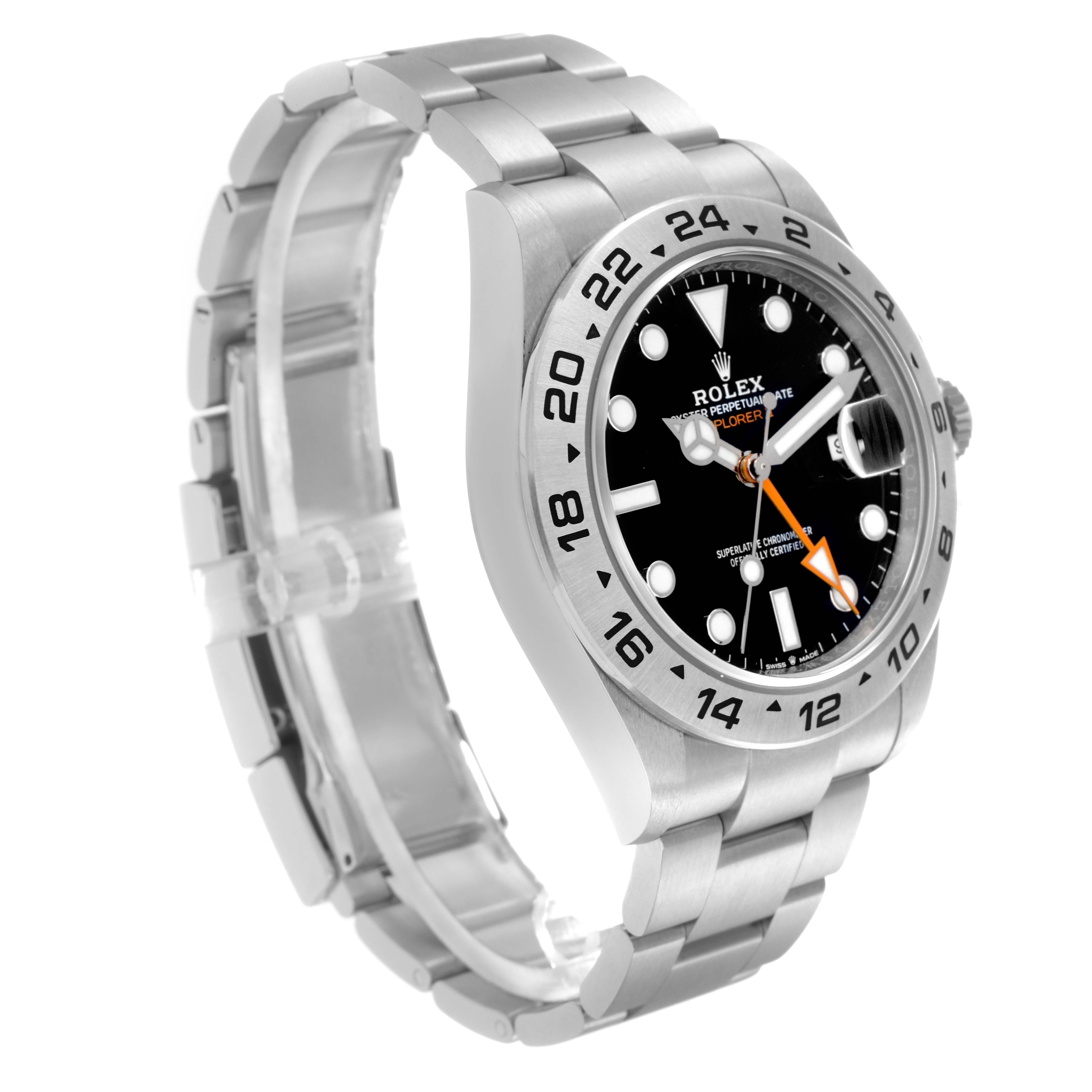 The Rolex Explorer 226570 Men
s Stainless Steel Black Dial 226570 Men
s Stainless Steel Black Dial watch is shown at a slight side angle, displaying the dial, bezel, and bracelet.