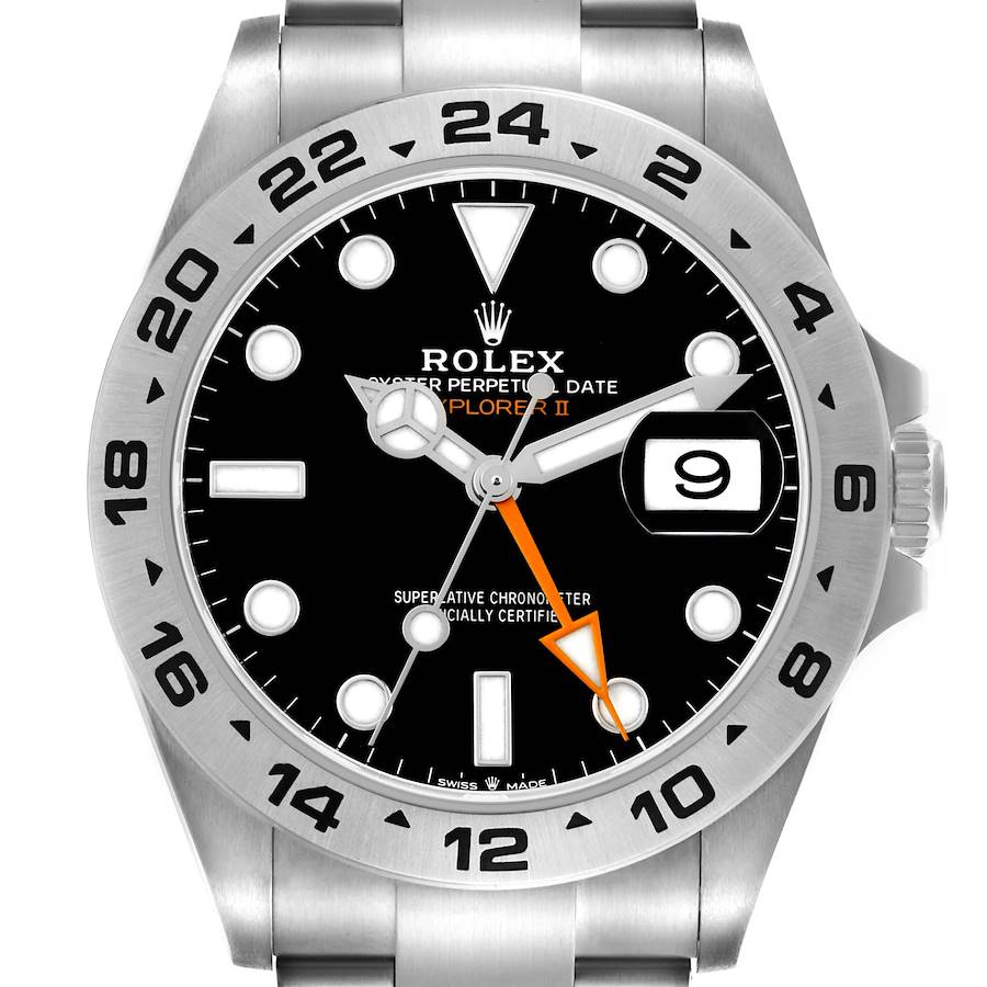 The Rolex Explorer watch is shown from the front, highlighting the dial, bezel, hands, and crown.