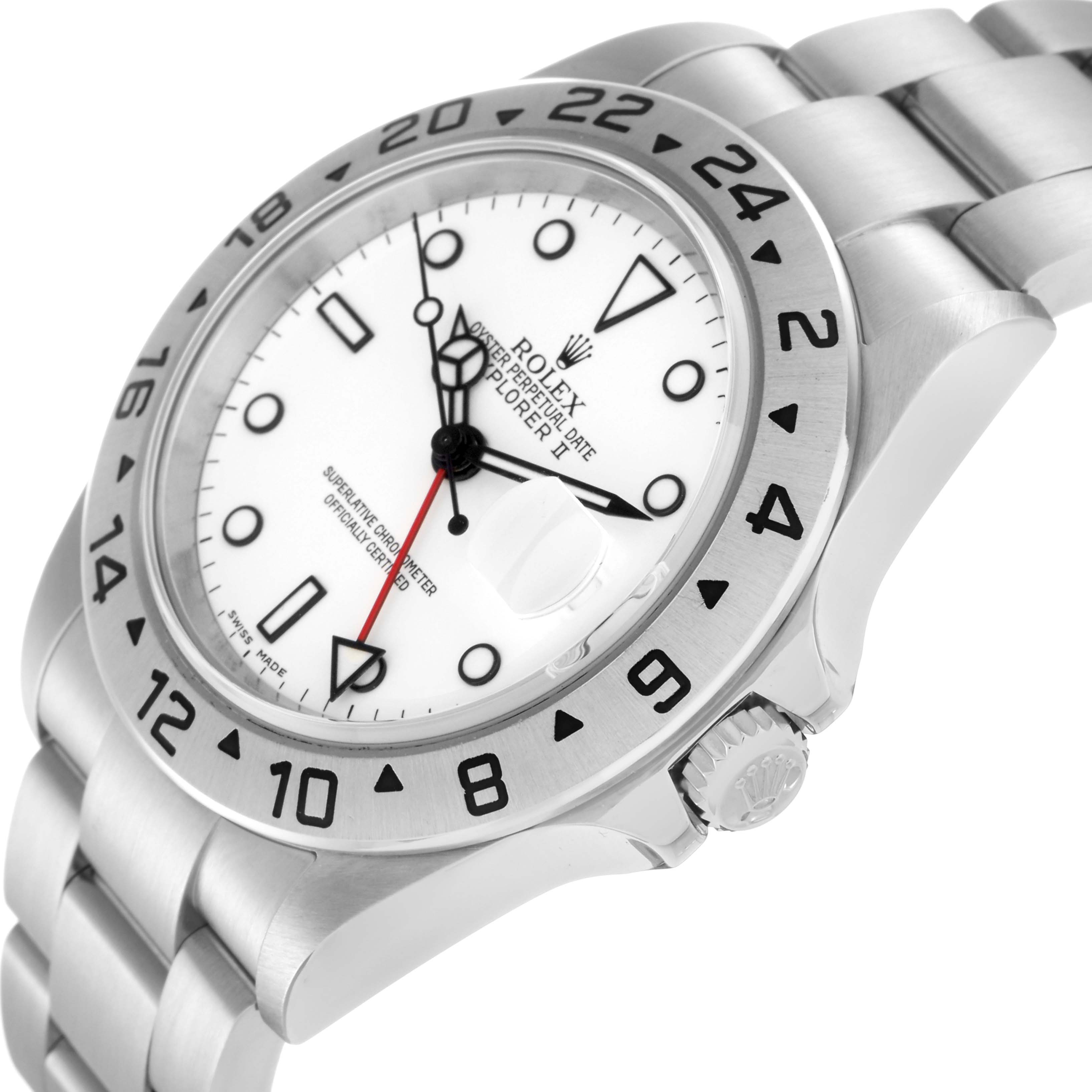 The Rolex Explorer 16570 Men
s Stainless Steel White Dial 16570 Men
s Stainless Steel White Dial watch is shown at an angled side view, displaying the case, bezel, crown, and part of the bracelet.