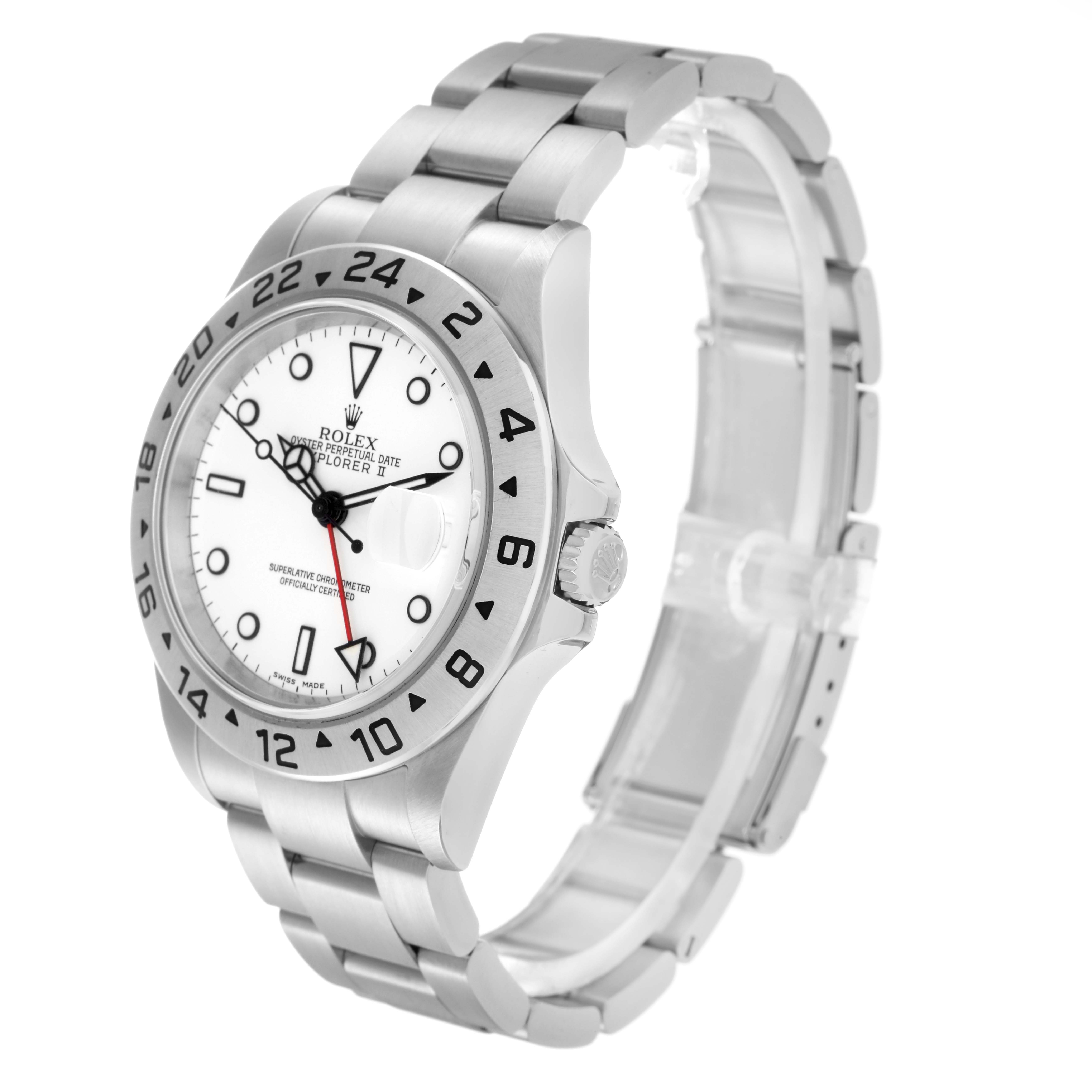 The Rolex Explorer 16570 Men
s Stainless Steel White Dial 16570 Men
s Stainless Steel White Dial watch is displayed diagonally, showing the face, bezel, crown, and a partial view of the bracelet.