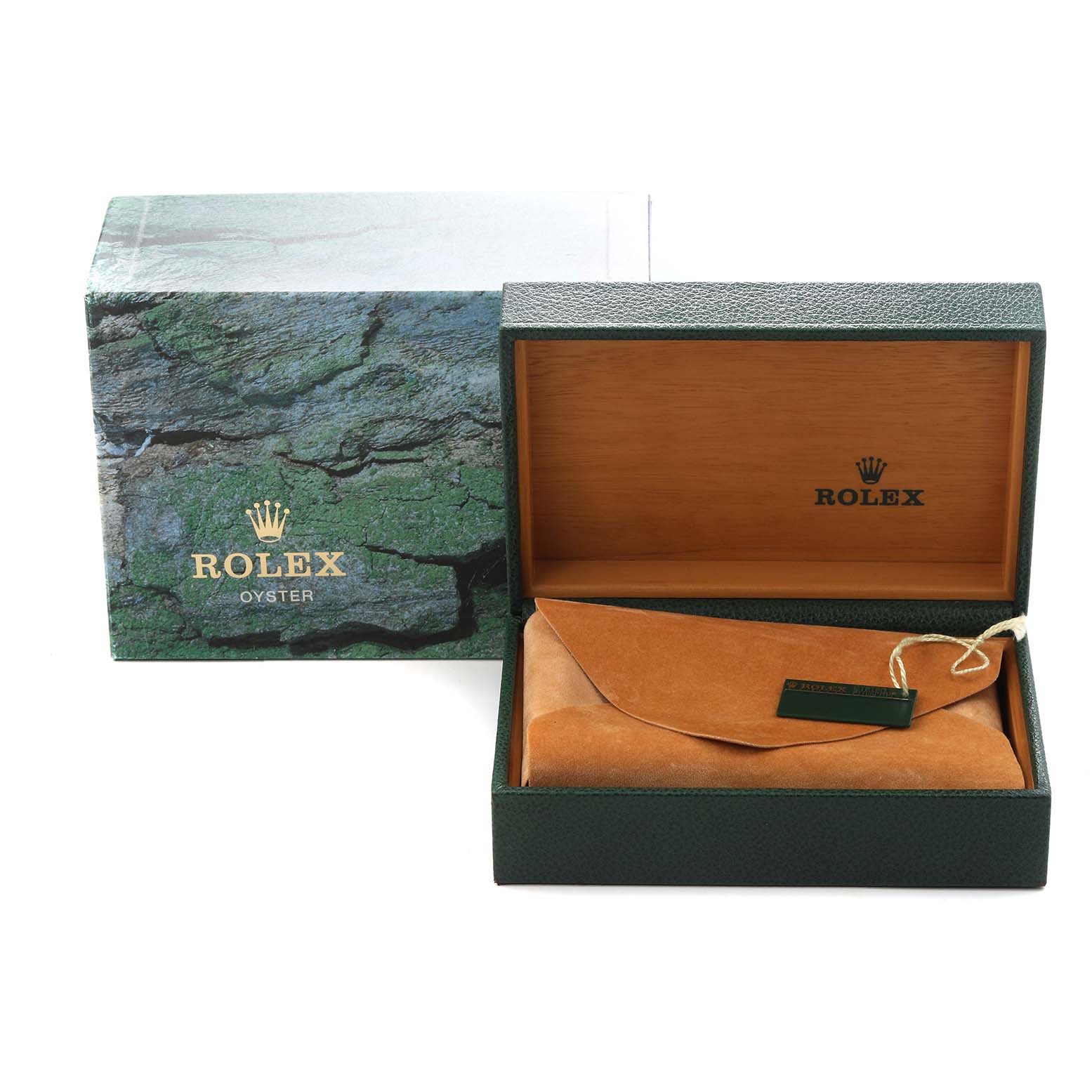 The image shows the Rolex Explorer 16570 Men
s Stainless Steel White Dial 16570 Men
s Stainless Steel White Dial watch packaging, including an open box with a leather pouch and outer box, branded with "Rolex Oyster."