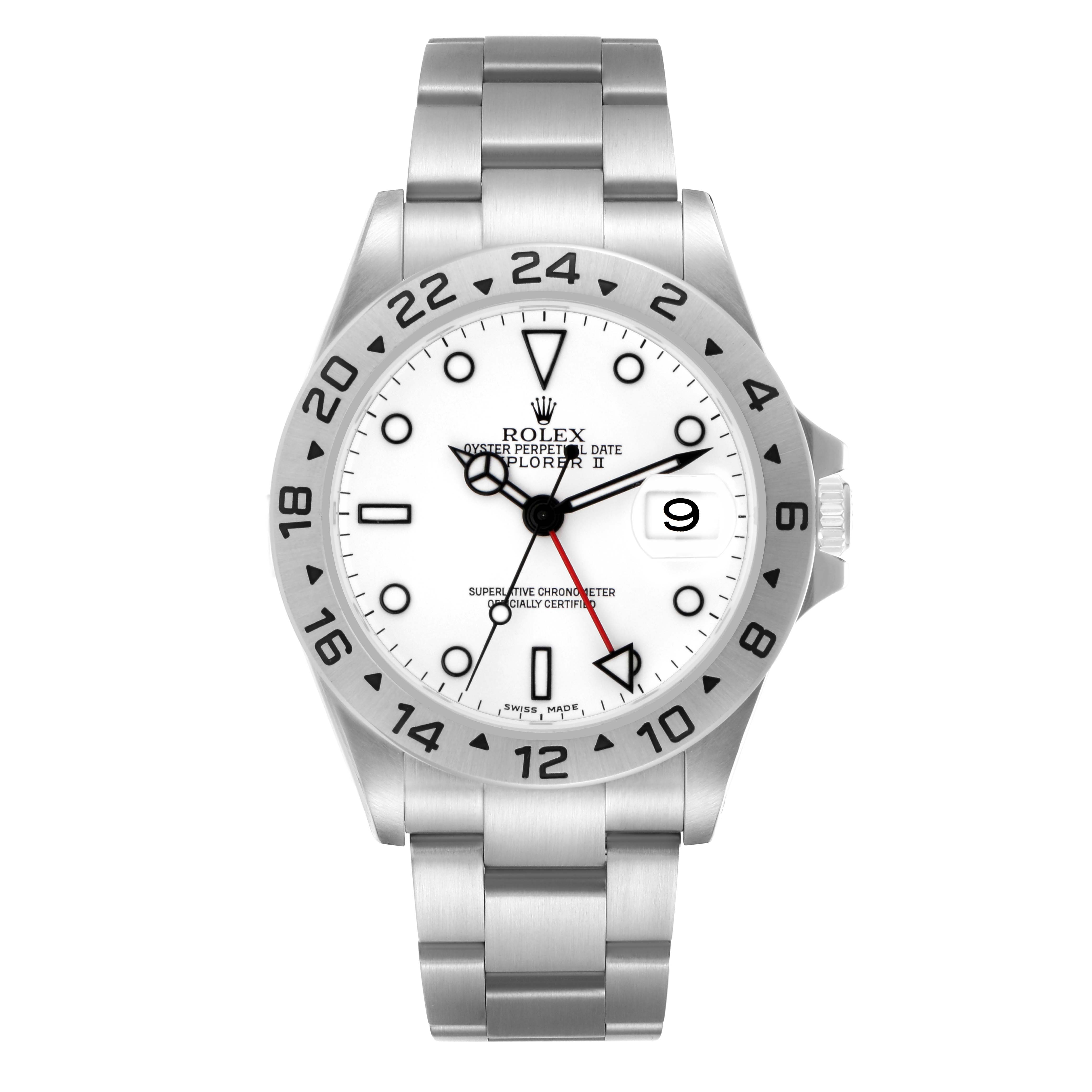 The Rolex Explorer 16570 Men
s Stainless Steel White Dial 16570 Men
s Stainless Steel White Dial is shown from a front angle, displaying the dial, bezel, bracelet, and crown.