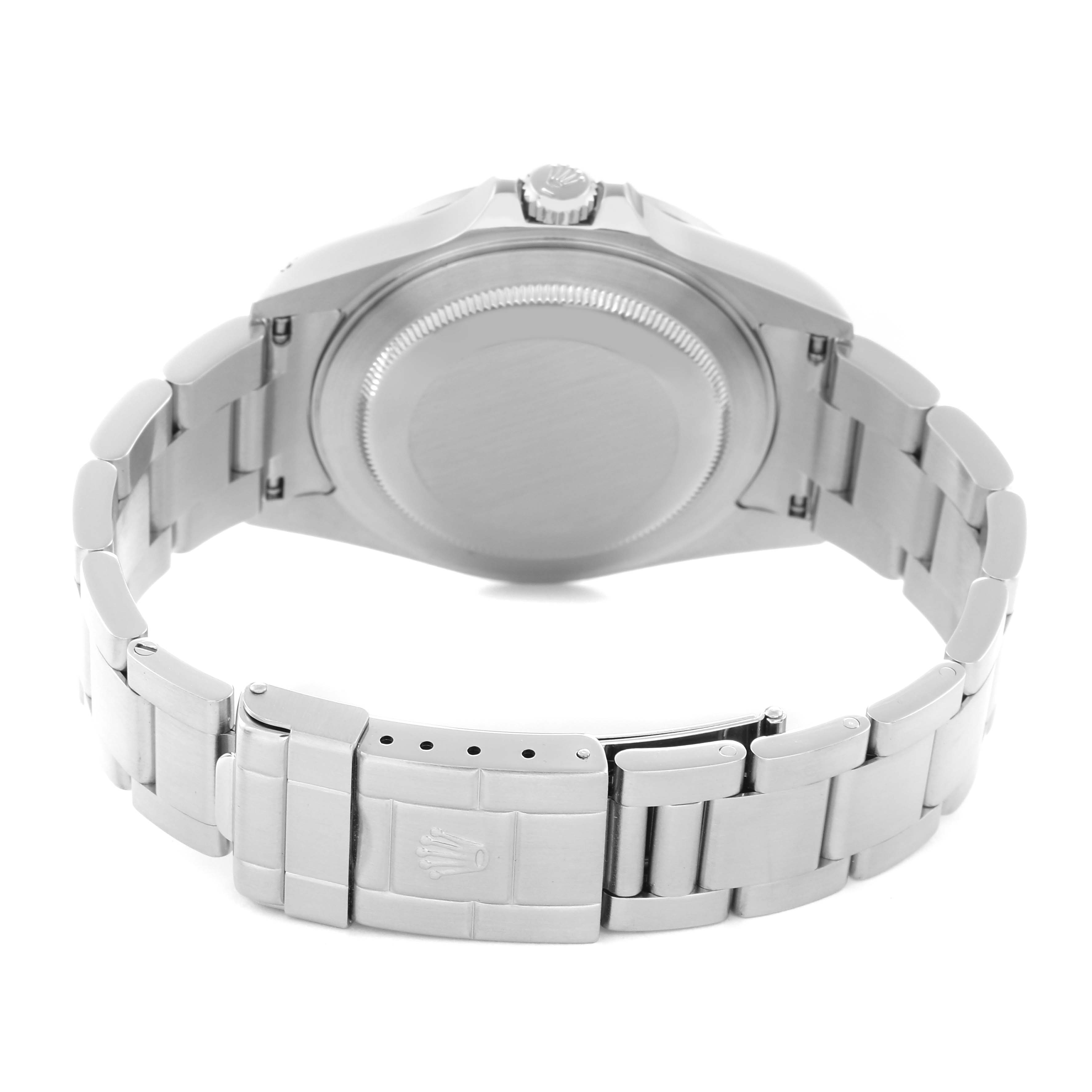 The Rolex Explorer 16570 Men
s Stainless Steel White Dial 16570 Men
s Stainless Steel White Dial watch is shown from the back, highlighting the case back and the bracelet with the clasp open.