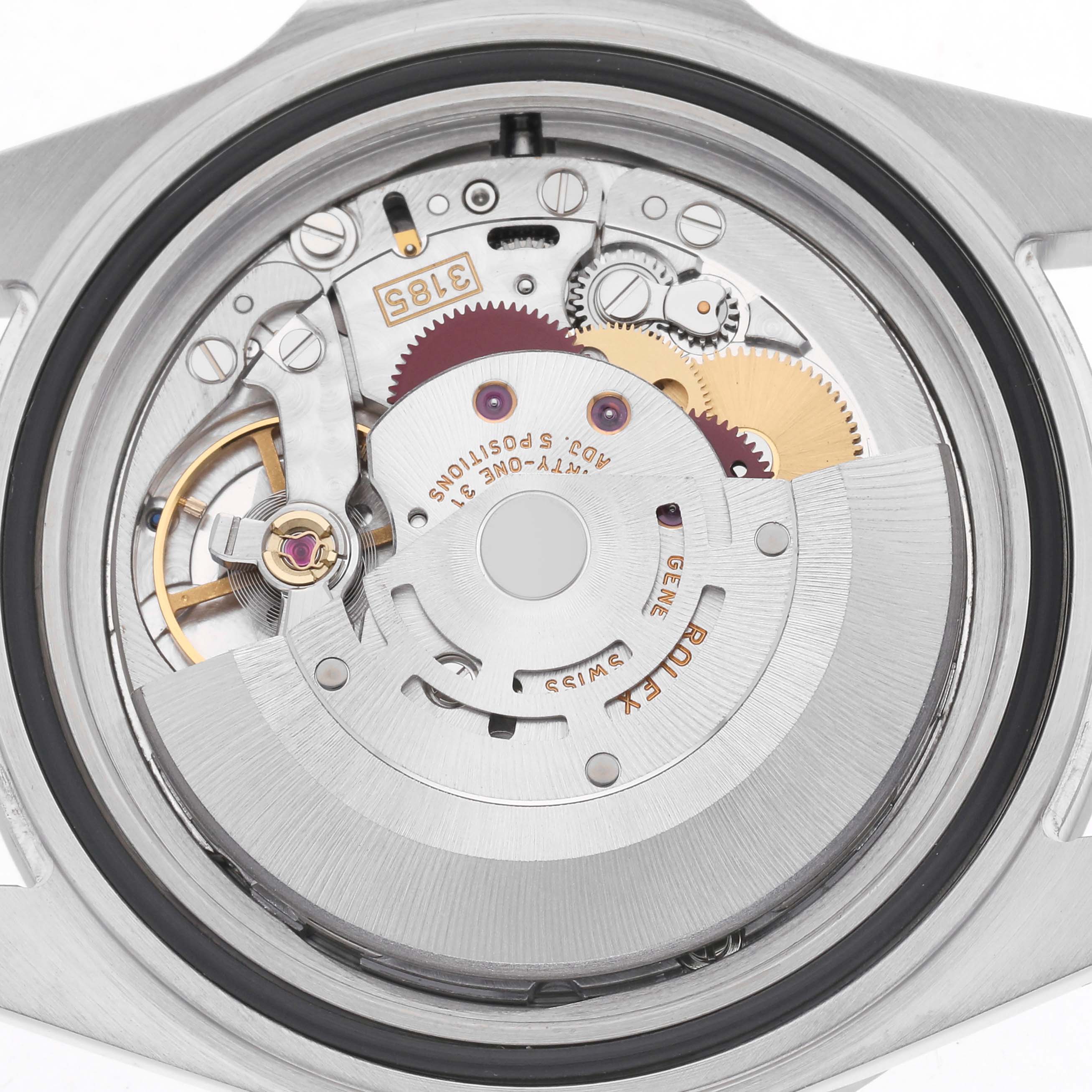 The image shows the movement of a Rolex Explorer 16570 Men
s Stainless Steel White Dial 16570 Men
s Stainless Steel White Dial watch from a top-down angle, revealing its inner mechanical components.