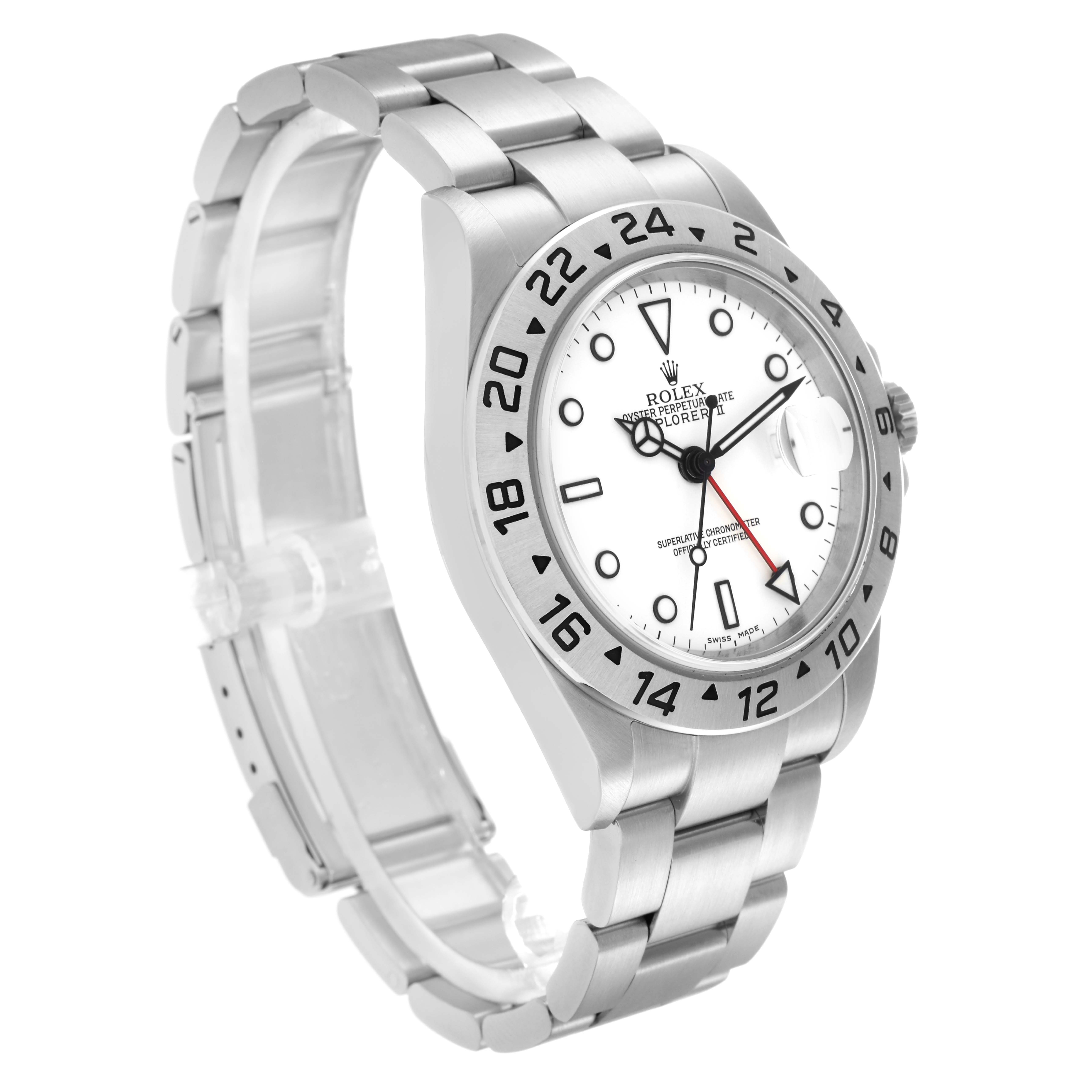 The Rolex Explorer 16570 Men
s Stainless Steel White Dial 16570 Men
s Stainless Steel White Dial watch is shown at a three-quarter angle, displaying its bezel, dial, case, and bracelet links.