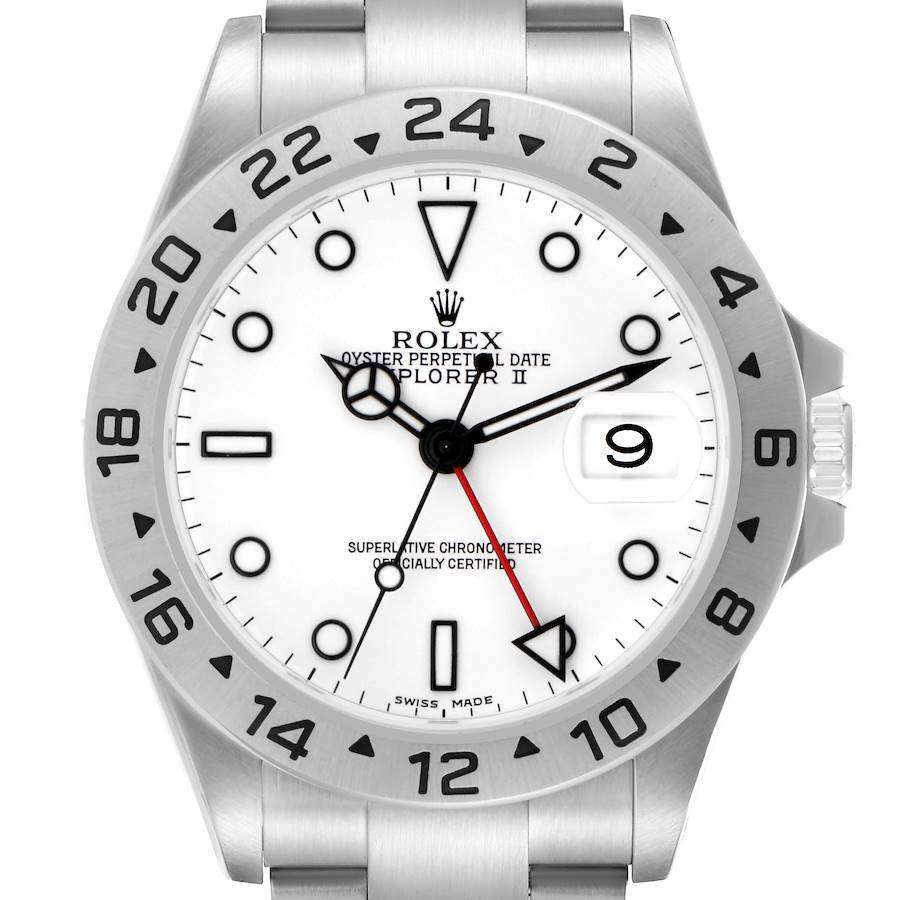 The Rolex Explorer II watch is shown from a front view, highlighting the dial, bezel, and part of the bracelet.