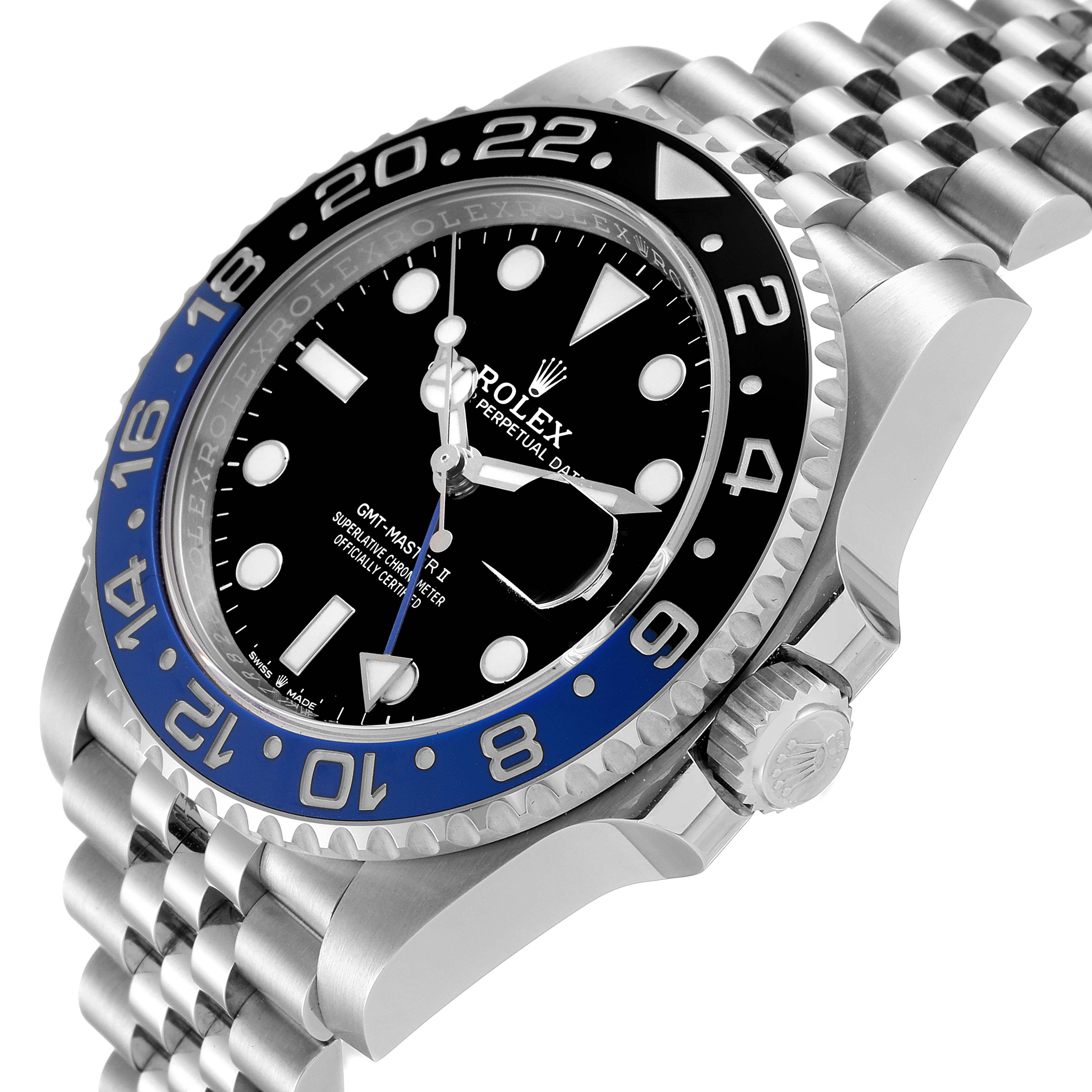 This is a side-angle view of the Rolex GMT-Master 126710 Men
s Stainless Steel Black Dial 126710 Men
s Stainless Steel Black Dial watch, showing the dial, bezel, crown, and part of the bracelet.