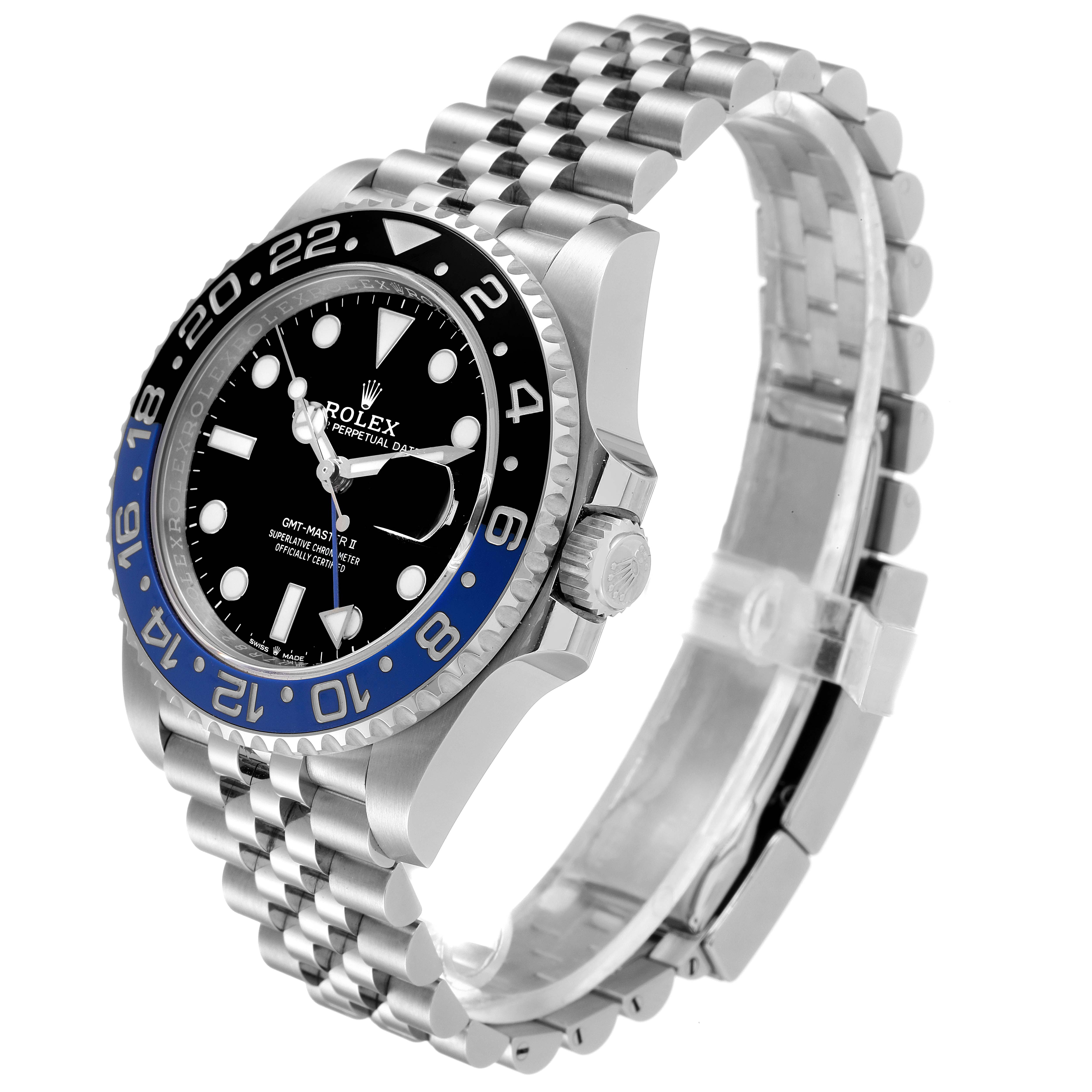 The image shows a Rolex GMT-Master 126710 Men
s Stainless Steel Black Dial 126710 Men
s Stainless Steel Black Dial watch at a three-quarter angle, showcasing the face, bezel, crown, and bracelet.