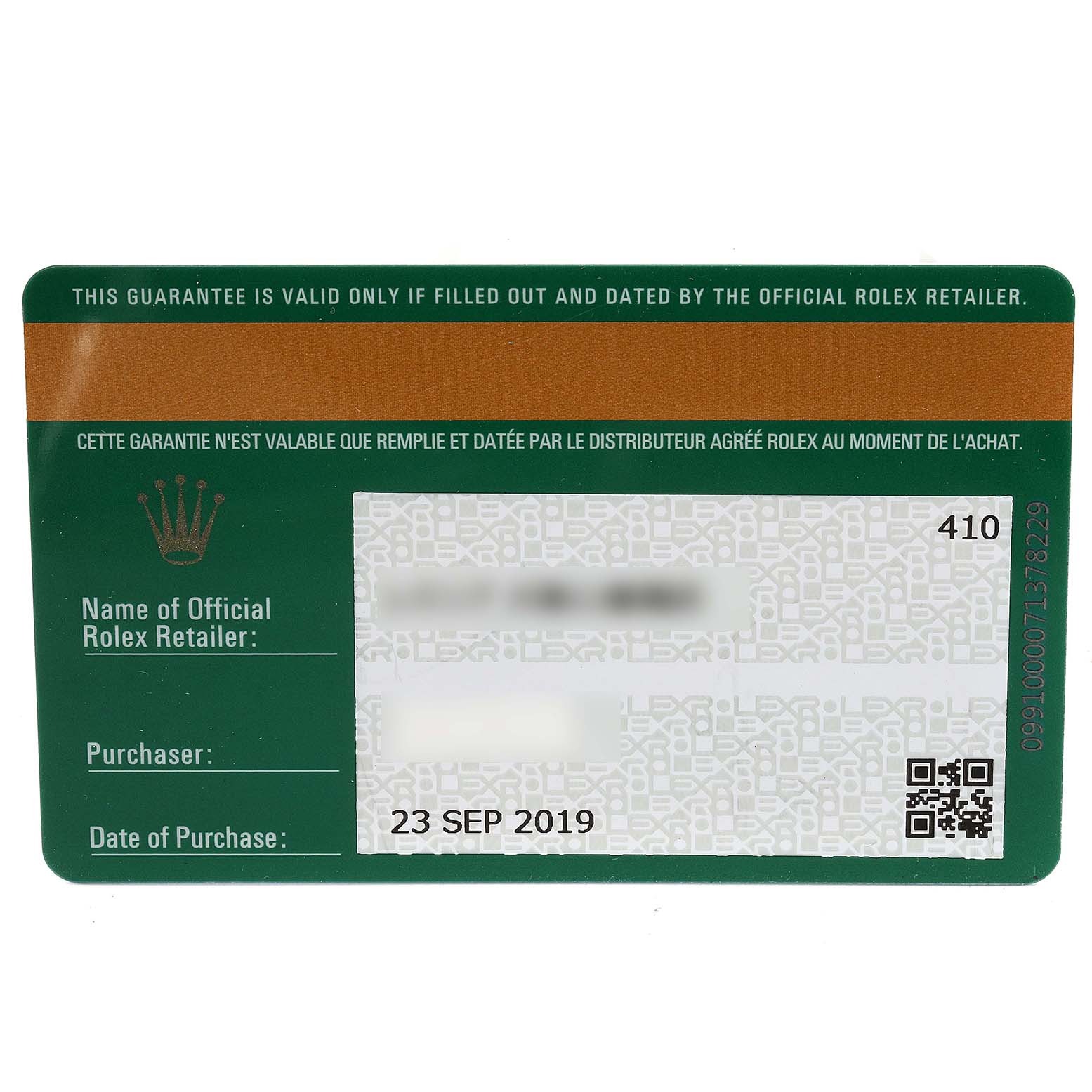 This image shows the guarantee card for a Rolex GMT-Master 126710 Men
s Stainless Steel Black Dial 126710 Men
s Stainless Steel Black Dial watch.