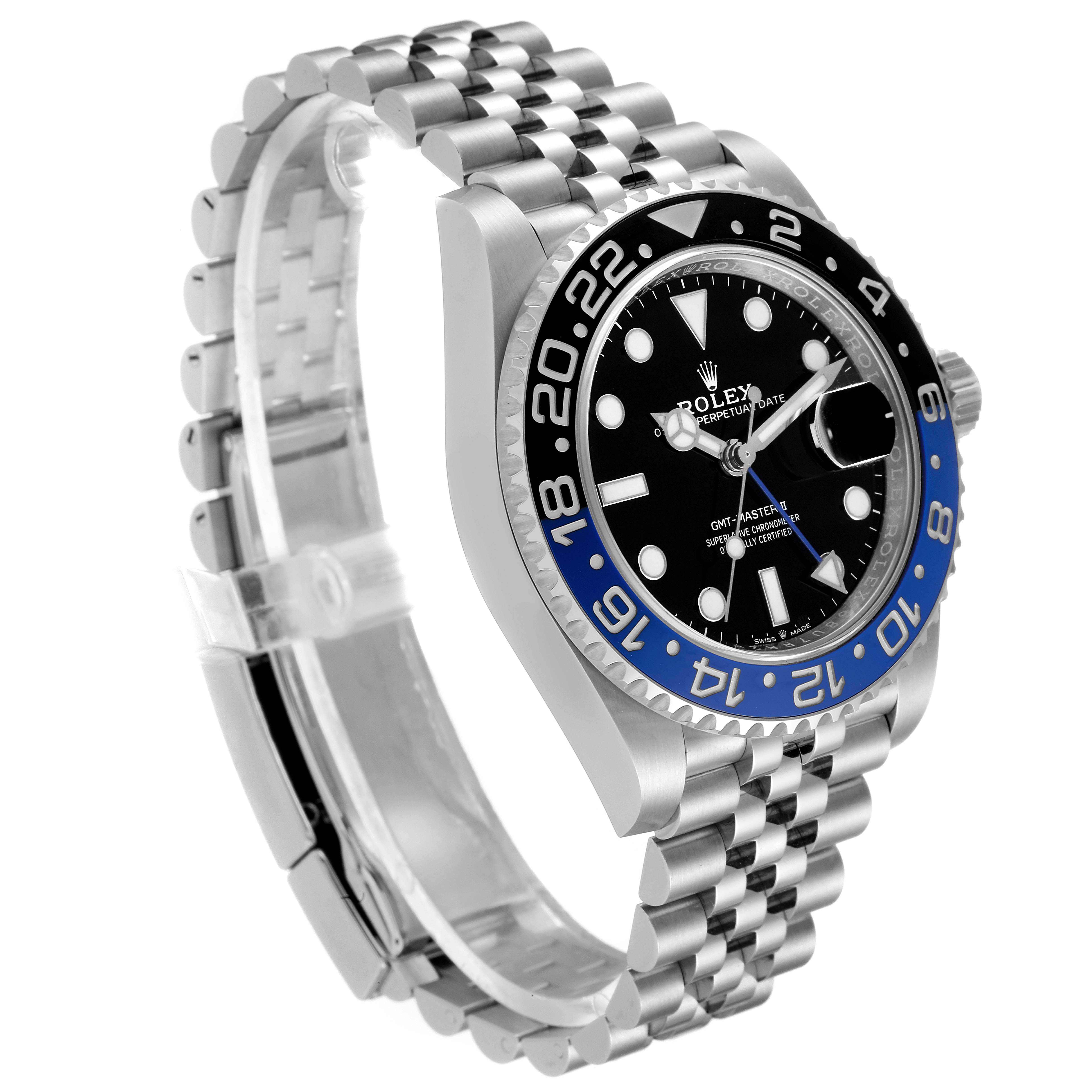 The image shows a side angle of the Rolex GMT-Master 126710 Men
s Stainless Steel Black Dial 126710 Men
s Stainless Steel Black Dial watch, displaying its bracelet, bezel, and crown.