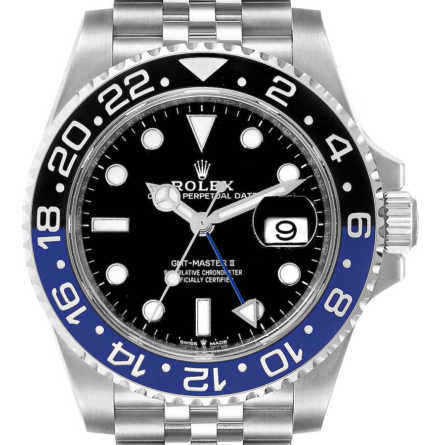 This image shows the front view of a Rolex GMT-Master II watch, highlighting its bezel, dial, hands, and bracelet.