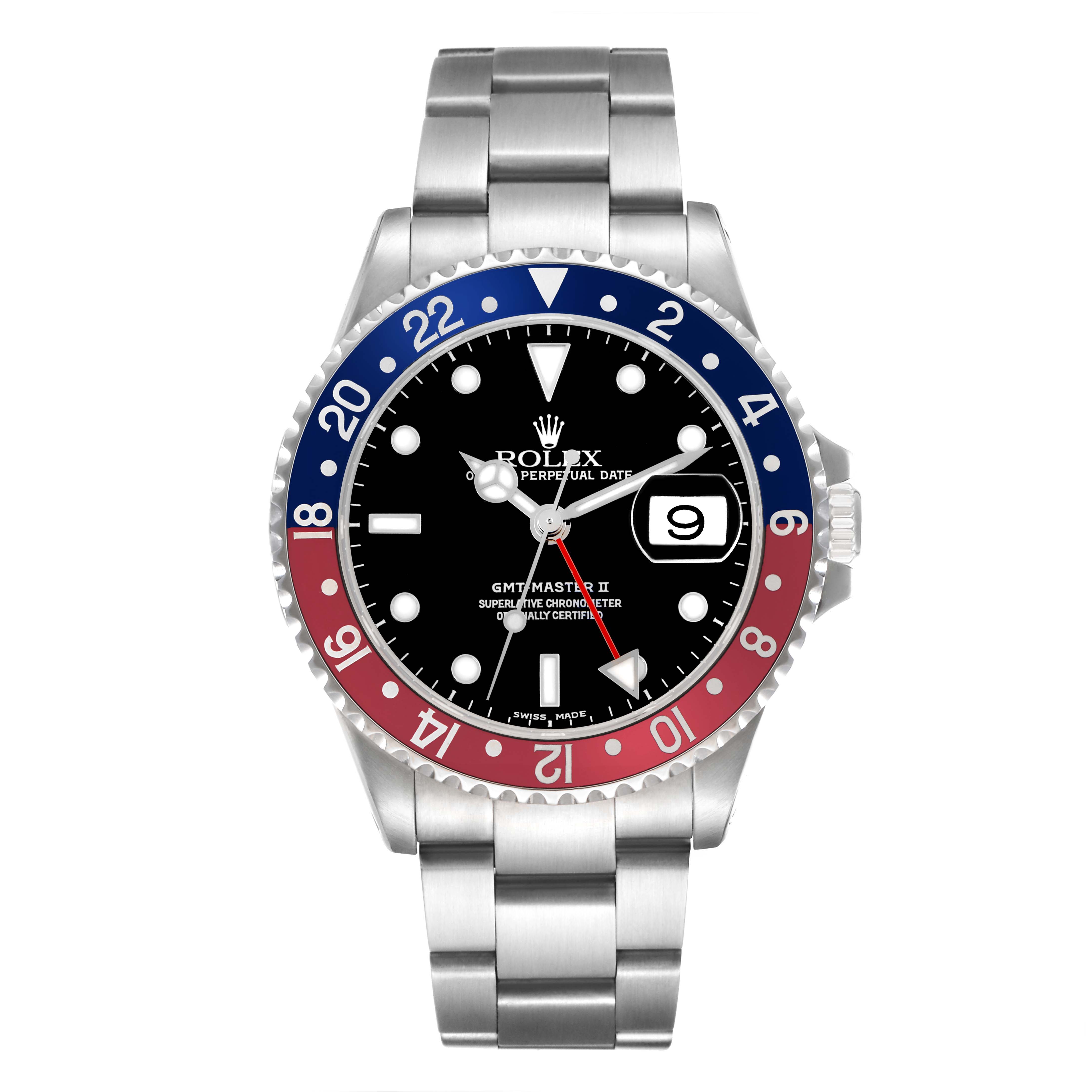 The image shows a Rolex GMT-Master 16710 Men
s Stainless Steel Black Dial 16710 Men
s Stainless Steel Black Dial watch from a front angle, highlighting the bezel, dial, hands, and bracelet.