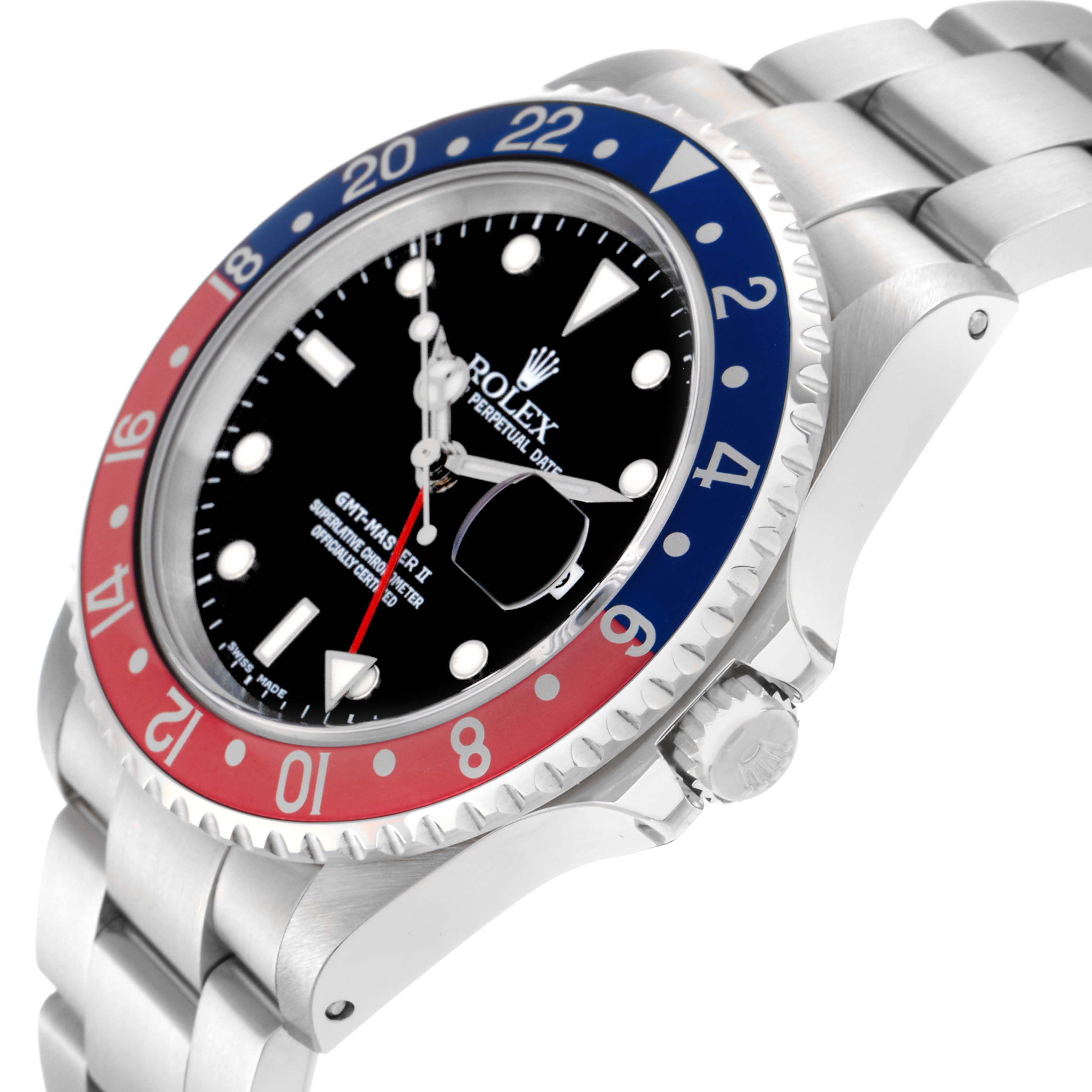 The Rolex GMT-Master 16710 Men
s Stainless Steel Black Dial 16710 Men
s Stainless Steel Black Dial watch is shown at an angled view, highlighting the bezel, dial, crown, and bracelet.