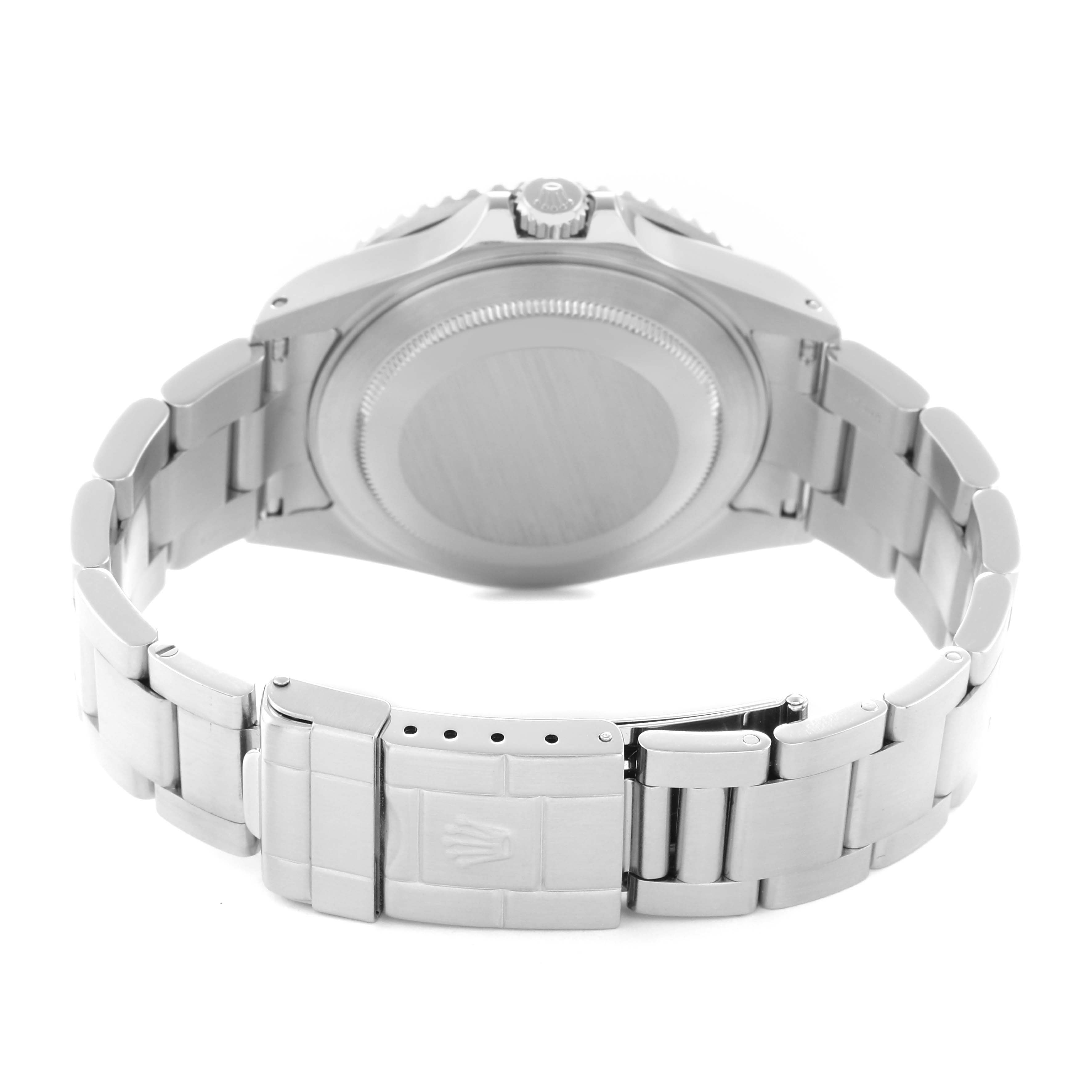 The image shows the back of a Rolex GMT-Master 16710 Men
s Stainless Steel Black Dial 16710 Men
s Stainless Steel Black Dial watch, focusing on the case back and bracelet clasp.