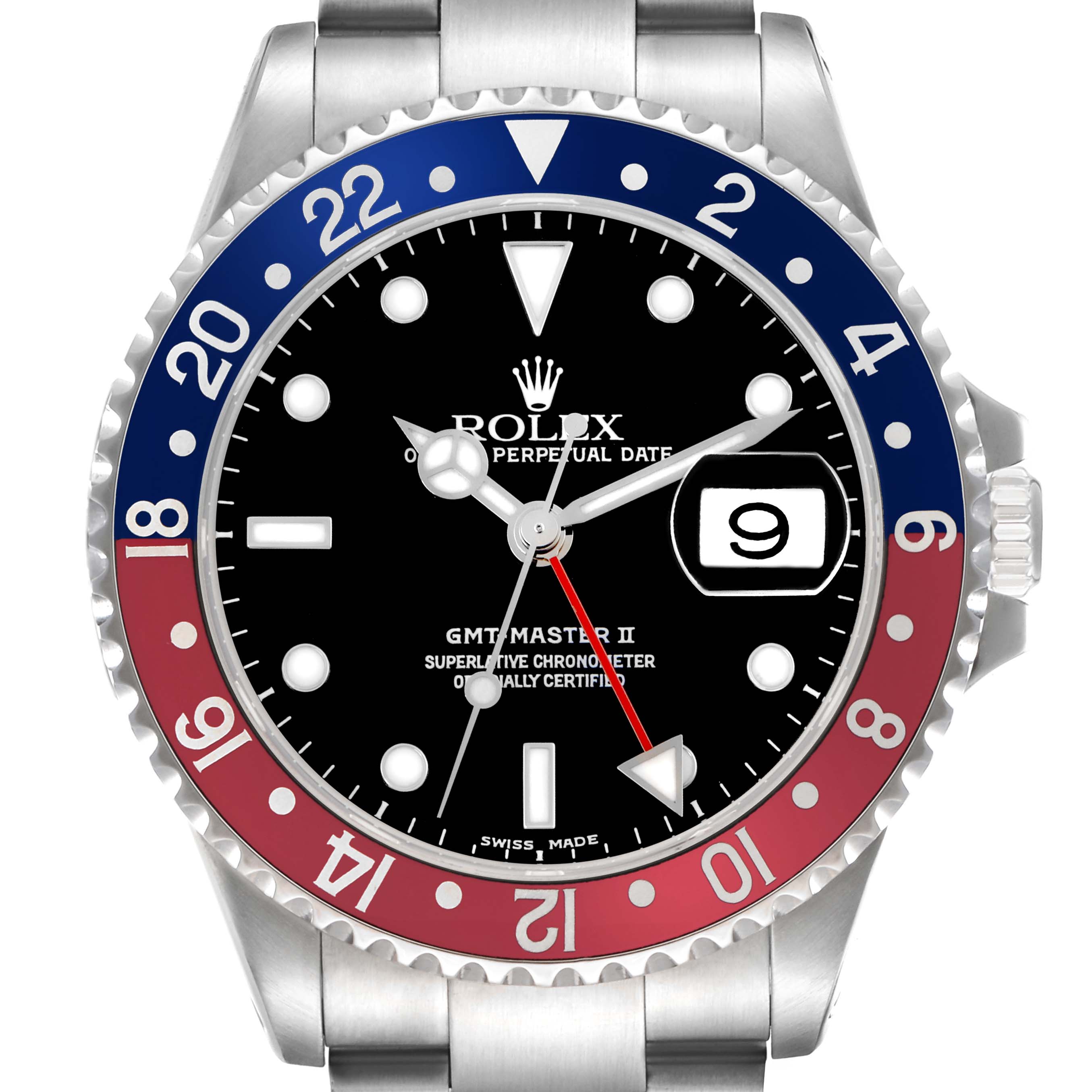 The Rolex GMT-Master 16710 Men
s Stainless Steel Black Dial 16710 Men
s Stainless Steel Black Dial watch is shown from the front, displaying the bezel, dial, hands, date, and crown.
