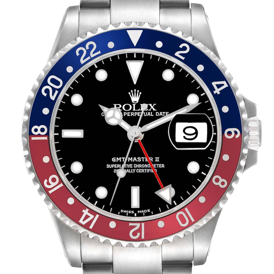 The Rolex GMT-Master watch is shown from the front, displaying the bezel, dial, hands, date, and crown.