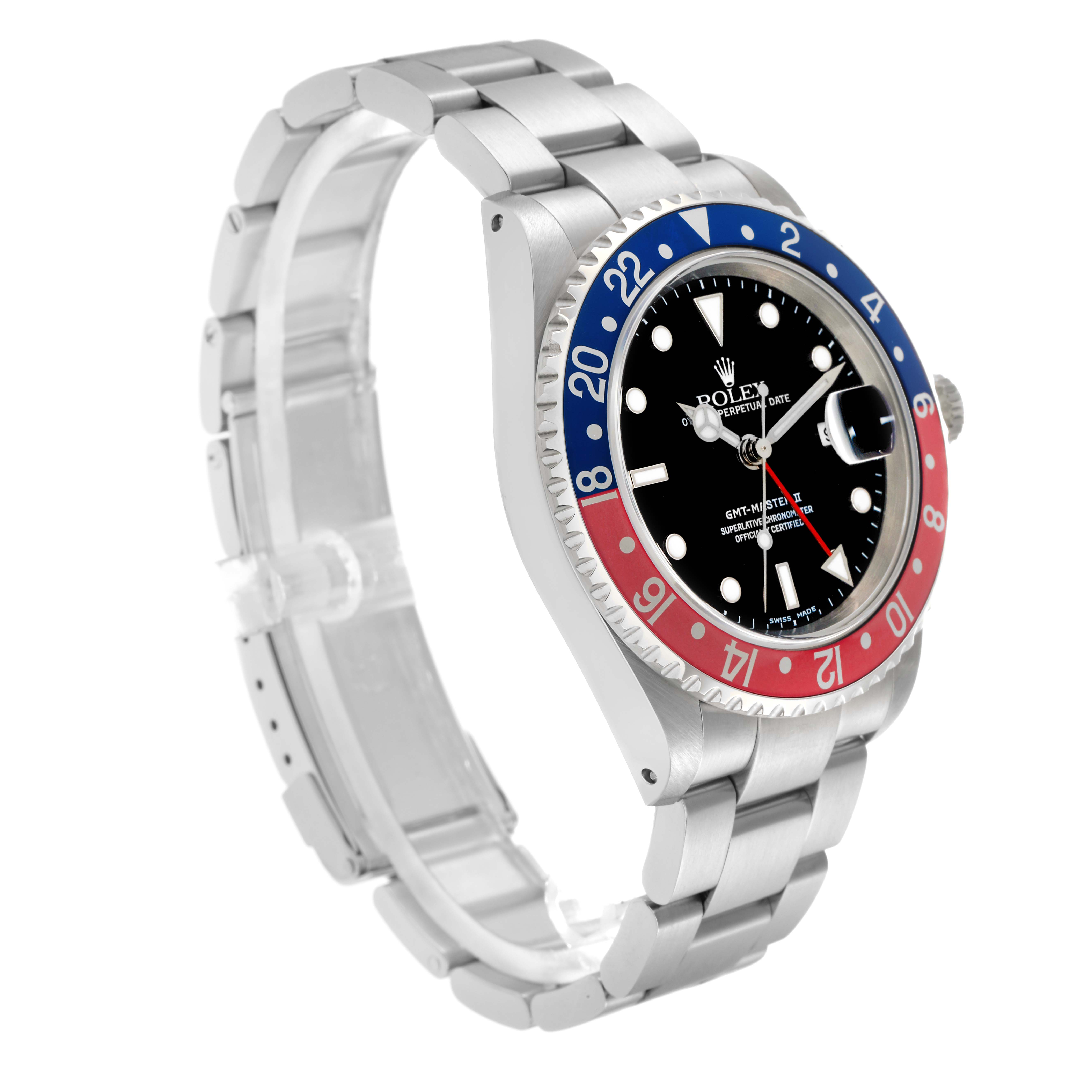 The Rolex GMT-Master 16710 Men
s Stainless Steel Black Dial 16710 Men
s Stainless Steel Black Dial is shown at a three-quarter angle, displaying the bezel, dial, case, crown, and bracelet.