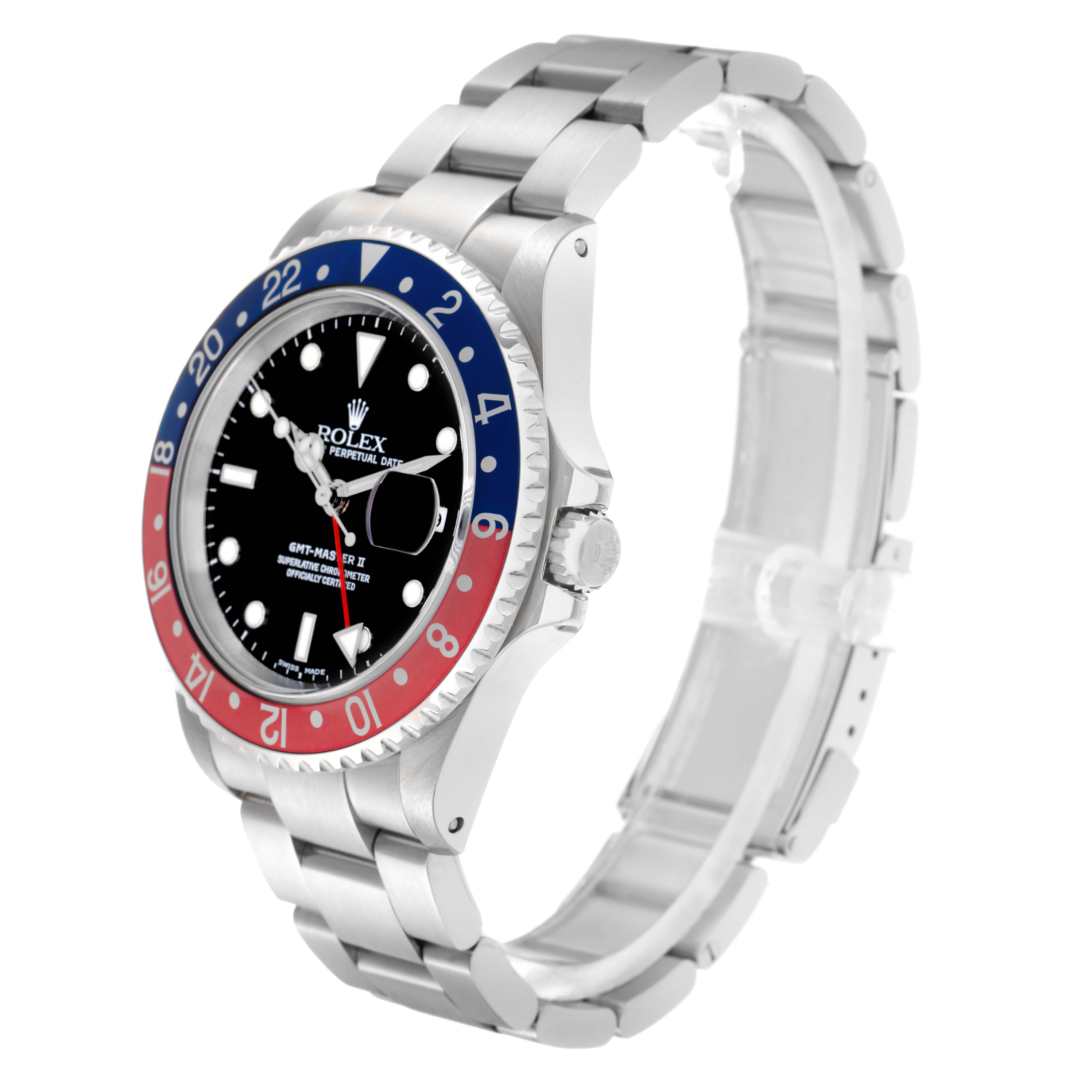 The Rolex GMT-Master 16710 Men
s Stainless Steel Black Dial 16710 Men
s Stainless Steel Black Dial watch is shown from a front-side angle, displaying the bezel, dial, and bracelet.