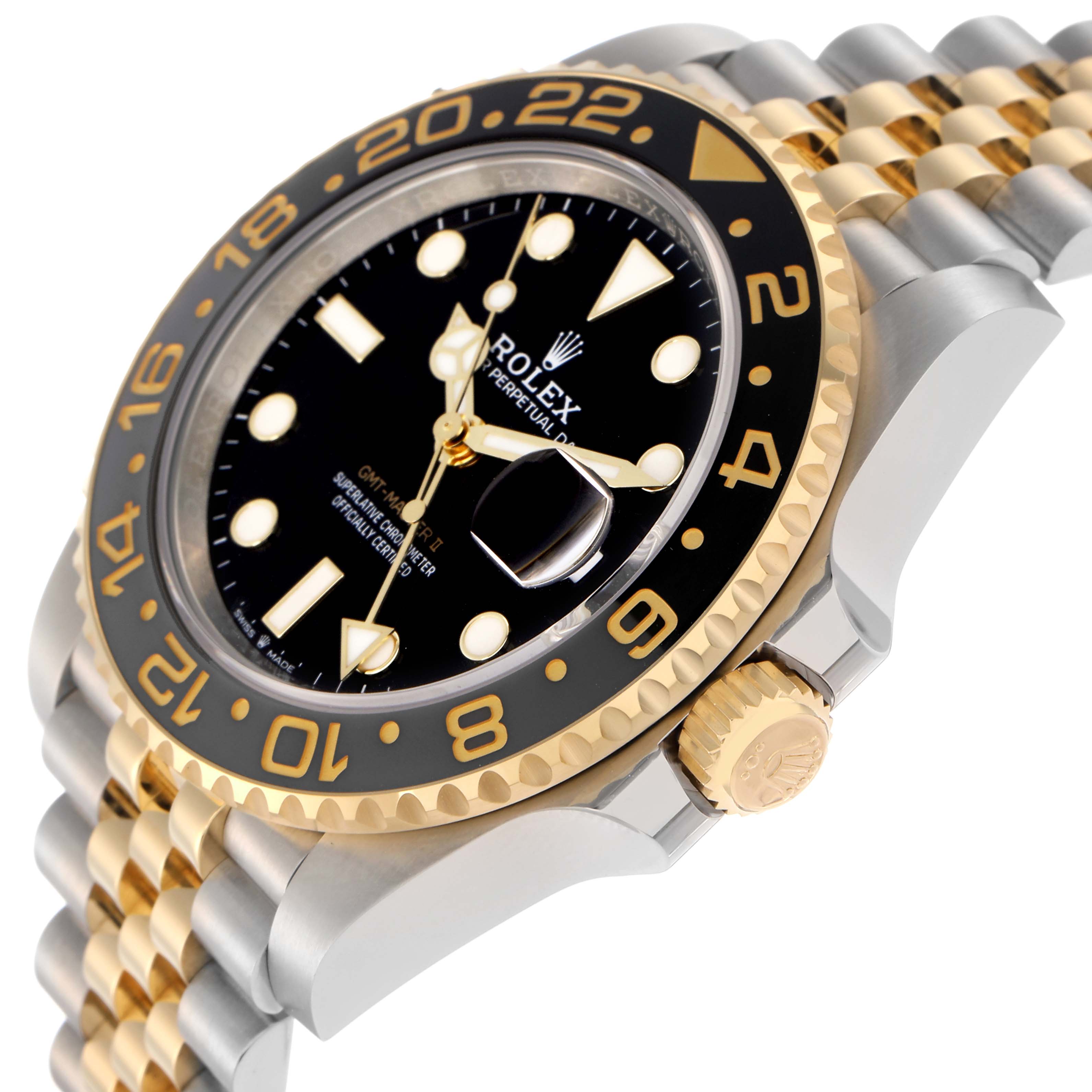 The Rolex GMT-Master 126713GRNR Men
s Steel and Gold (two tone) Black Dial 126713GRNR Men
s Steel and Gold (two tone) Black Dial watch is shown at an angled side view, highlighting the bezel, dial, crown, and part of the bracelet.