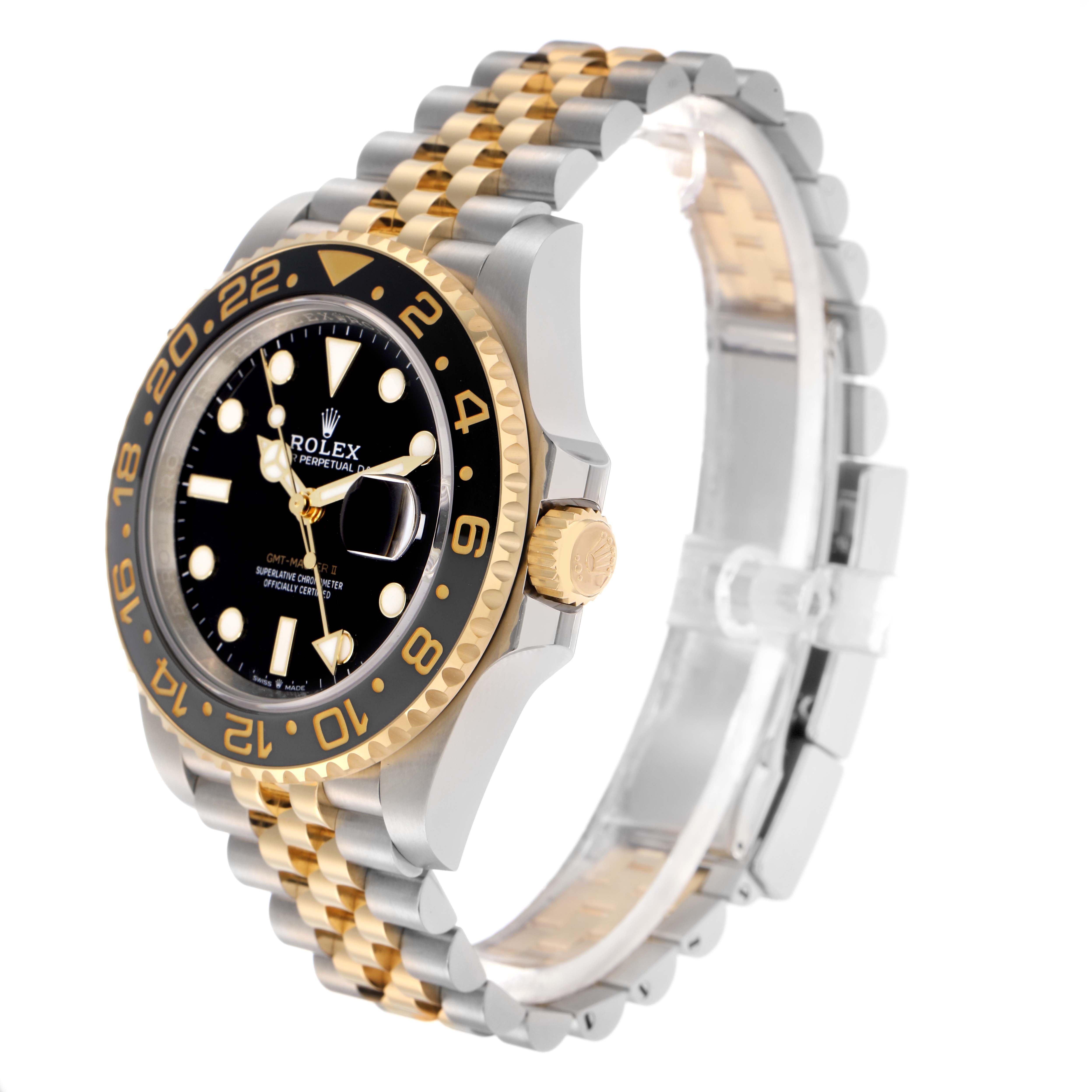 The Rolex GMT-Master 126713GRNR Men
s Steel and Gold (two tone) Black Dial 126713GRNR Men
s Steel and Gold (two tone) Black Dial watch is shown in a three-quarter view highlighting the bezel, crown, and two-tone bracelet.