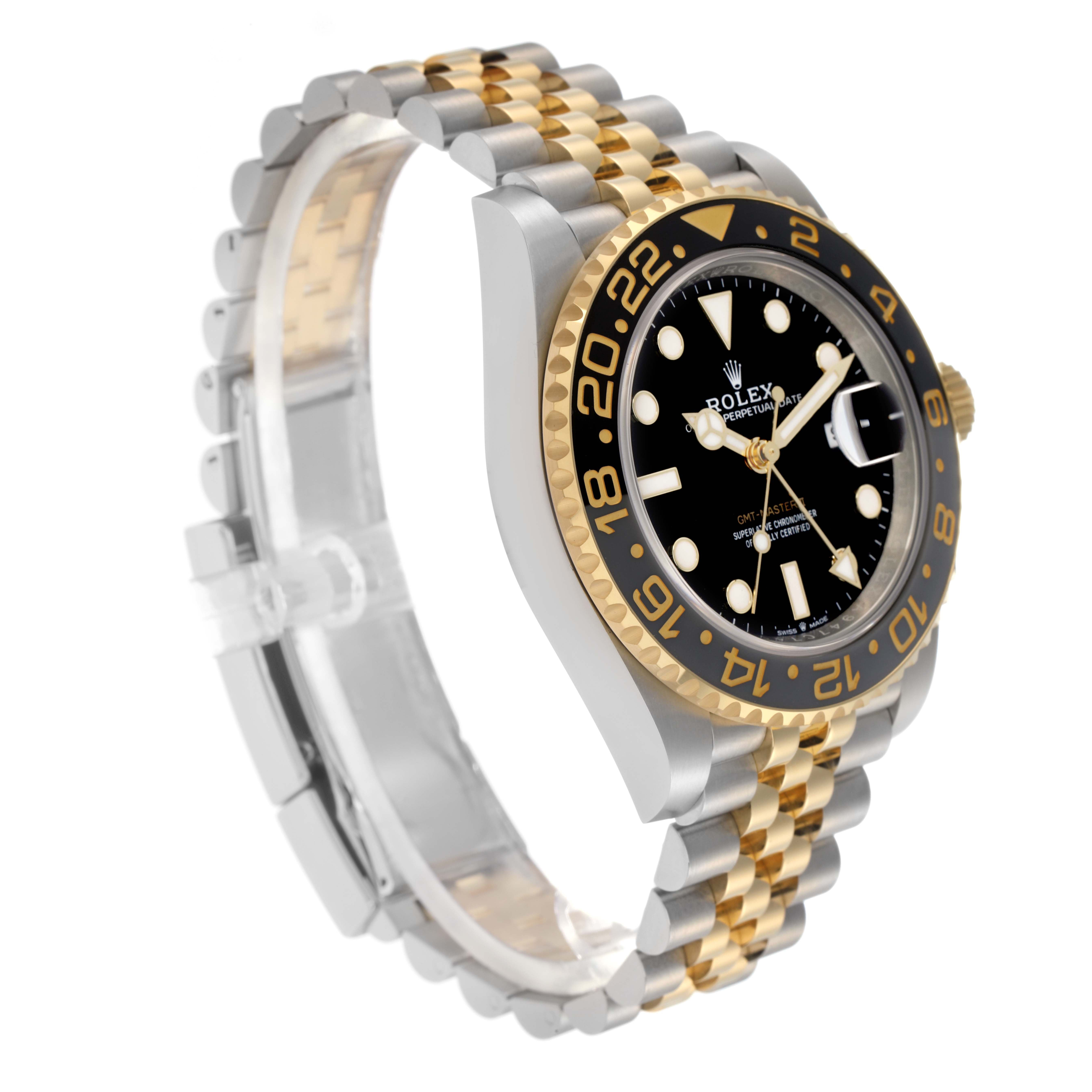 The Rolex GMT-Master 126713GRNR Men
s Steel and Gold (two tone) Black Dial 126713GRNR Men
s Steel and Gold (two tone) Black Dial watch is shown at a three-quarter angle, highlighting the bezel, dial, and two-tone bracelet.